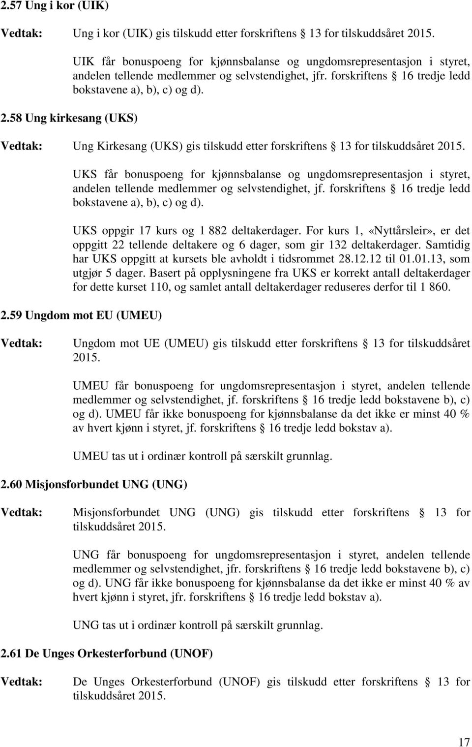 forskriftens 16 tredje ledd Ung Kirkesang (UKS) gis tilskudd etter forskriftens 13 for UKS får bonuspoeng for kjønnsbalanse og ungdomsrepresentasjon i styret, UKS oppgir 17 kurs og 1 882