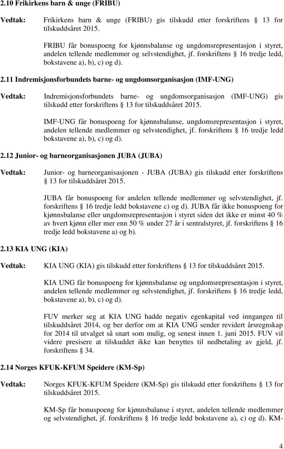 kjønnsbalanse, ungdomsrepresentasjon i styret, 2.12 Junior- og barneorganisasjonen JUBA (JUBA) Junior- og barneorganisasjonen - JUBA (JUBA) gis tilskudd etter forskriftens 13 for 2.