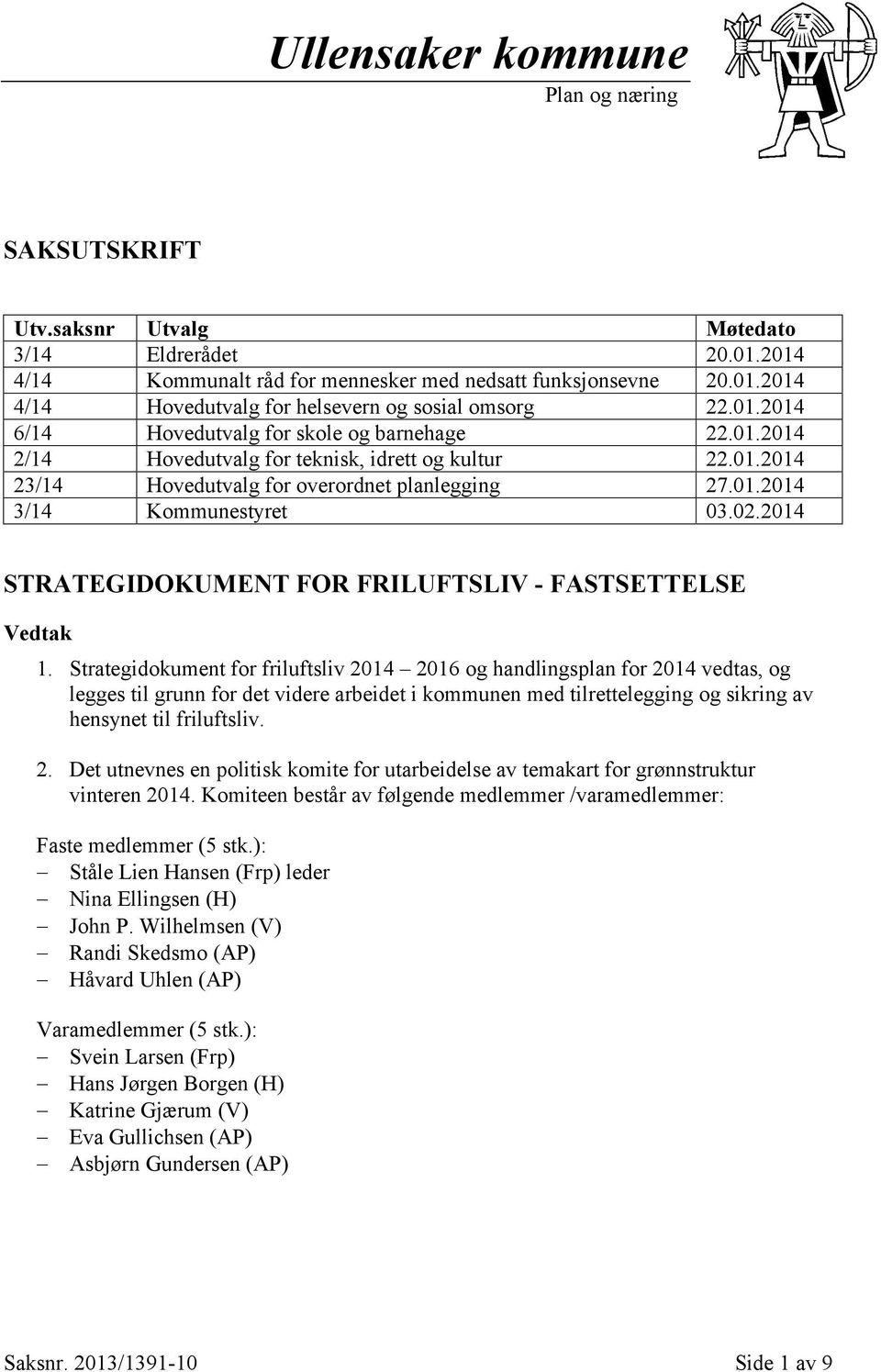 02.2014 STRATEGIDOKUMENT FOR FRILUFTSLIV FASTSETTELSE Faste medlemmer (5 stk.): Ståle Lien Hansen (Frp) leder Nina Ellingsen (H) John P.