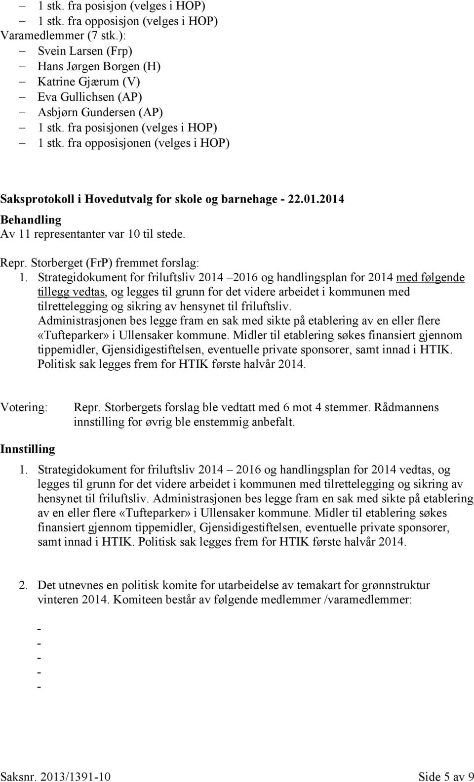 fra opposisjonen (velges i HOP) Saksprotokoll i Hovedutvalg for skole og barnehage 22.01.2014 Behandling Av 11 representanter var 10 til stede. Repr. Storberget (FrP) fremmet forslag: 1.