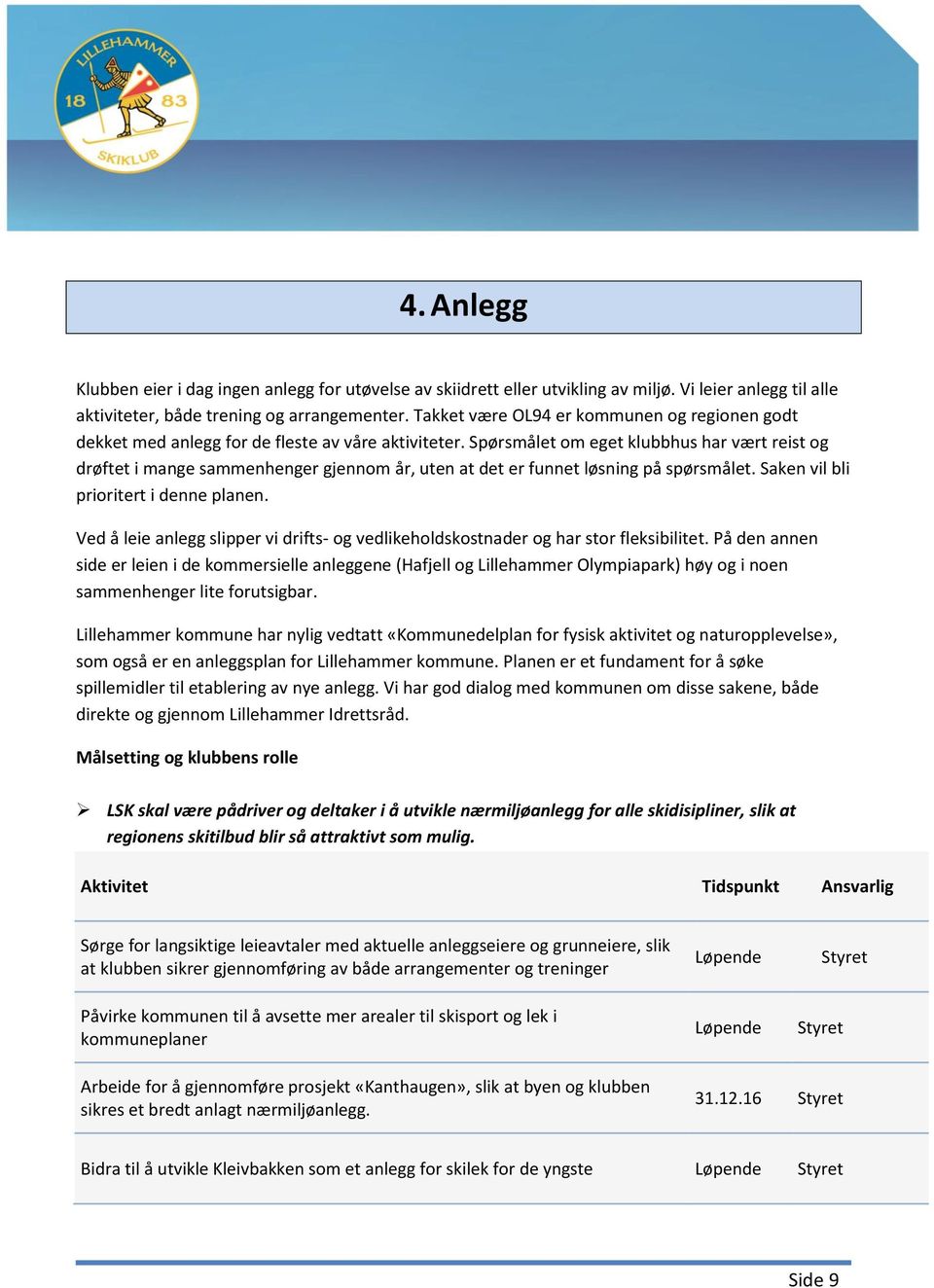 Spørsmålet om eget klubbhus har vært reist og drøftet i mange sammenhenger gjennom år, uten at det er funnet løsning på spørsmålet. Saken vil bli prioritert i denne planen.