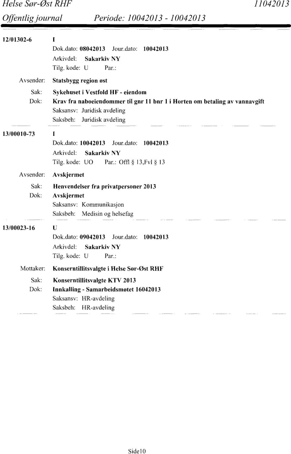 : Offl 13,Fv1 13 Avskjermet Sak: Henvendelser fra privatpersoner 2013 Dok: Avskjermet Kommunikasjon Medisin og helsefag 13/00023-16