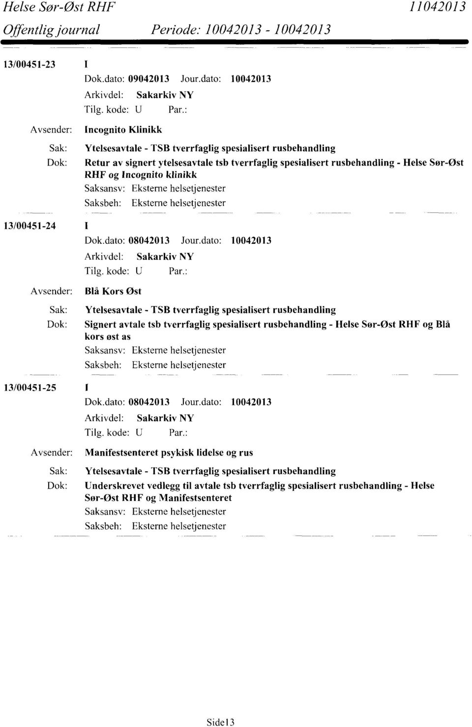 tverrfaglig spesialisert rusbehandling - Helse Sør-Øst RHF og Blå kors øst as 13100451-25 Arkivdel: Sakarkiv NY Manifestsenteret psykisk lidelse og rus Sak: