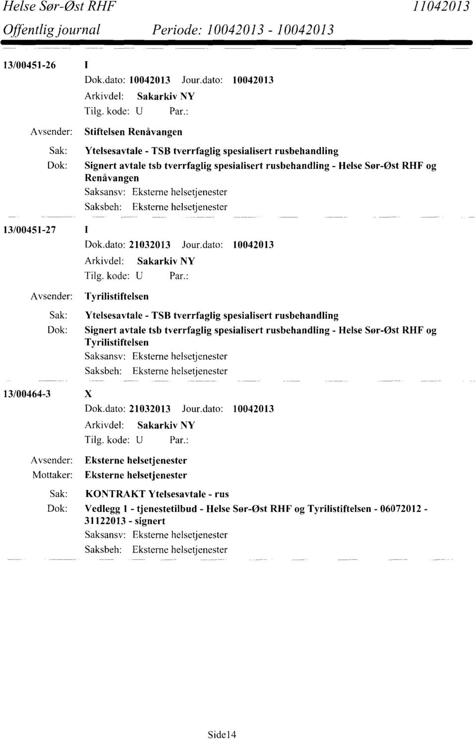 dato: 10042013 Tyrilistiftelsen 13/00464-3 X Sak: Ytelsesavtale - TSB tverrfaglig spesialisert rusbehandling Dok: Signert avtale tsb tverrfaglig spesialisert