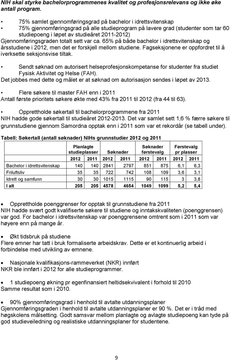 Gjennomføringsgraden totalt sett var ca. 65% på både bachelor i idrettsvitenskap og årsstudiene i 2012, men det er forskjell mellom studiene.