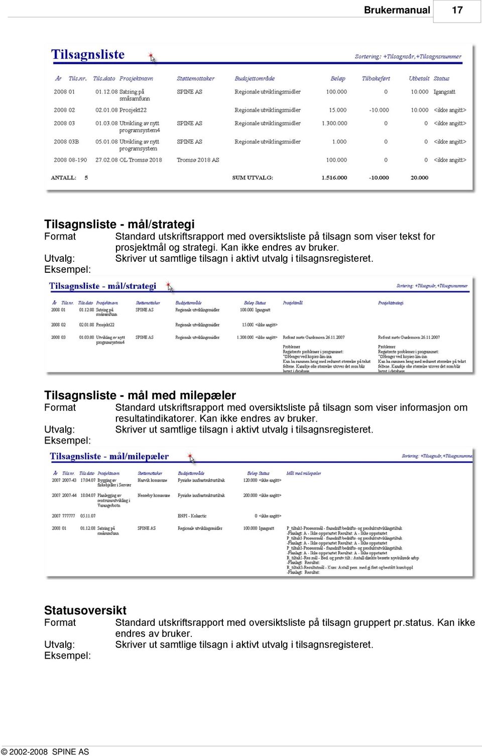 Tilsagnsliste - mål med milepæler Format Utvalg: Eksempel: Standard utskriftsrapport med oversiktsliste på tilsagn som viser informasjon om resultatindikatorer.