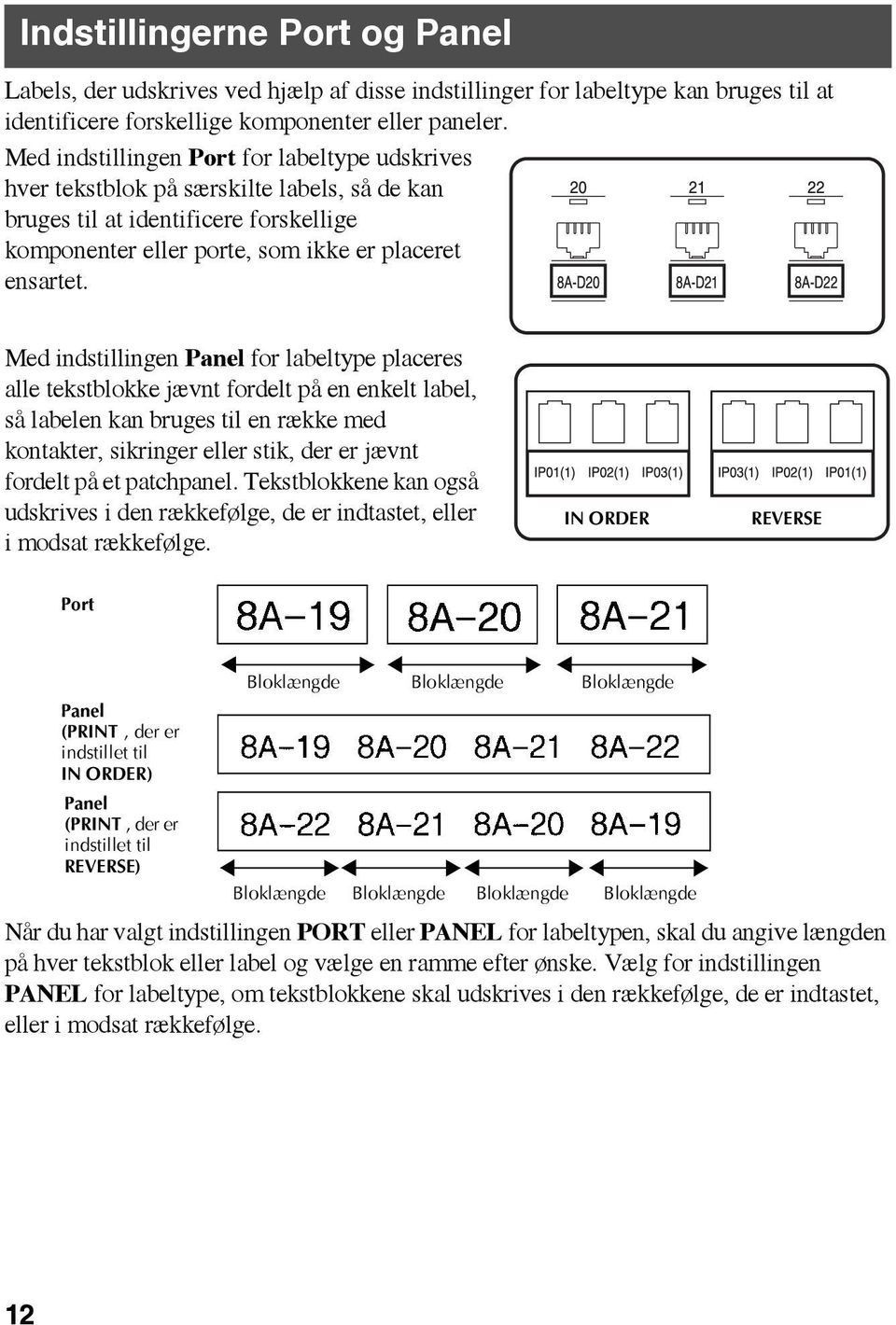 Med indstillingen Panel for labeltype placeres alle tekstblokke jævnt fordelt på en enkelt label, så labelen kan bruges til en række med kontakter, sikringer eller stik, der er jævnt fordelt på et