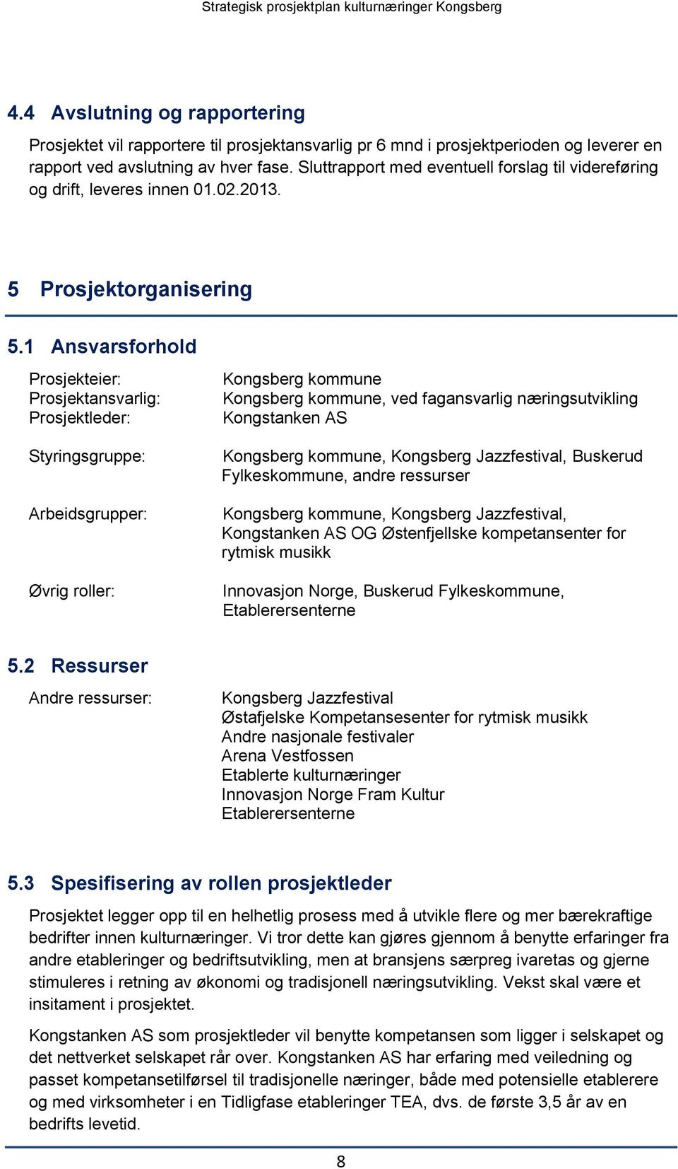 1 Ansvarsforhold Prosjekteier: Prosjektansvarlig: Prosjektleder: Styringsgruppe: Arbeidsgrupper: Øvrig roller: Kongsberg kommune Kongsberg kommune, ved fagansvarlig næringsutvikling Kongstanken AS