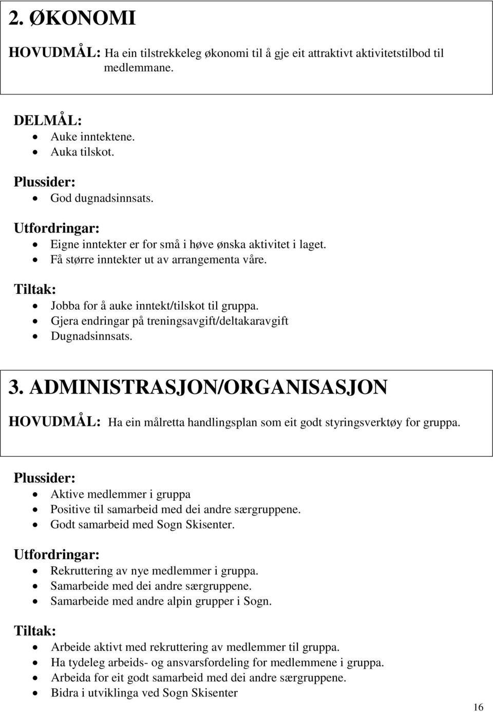 Gjera endringar på treningsavgift/deltakaravgift Dugnadsinnsats. 3. ADMINISTRASJON/ORGANISASJON HOVUDMÅL: Ha ein målretta handlingsplan som eit godt styringsverktøy for gruppa.