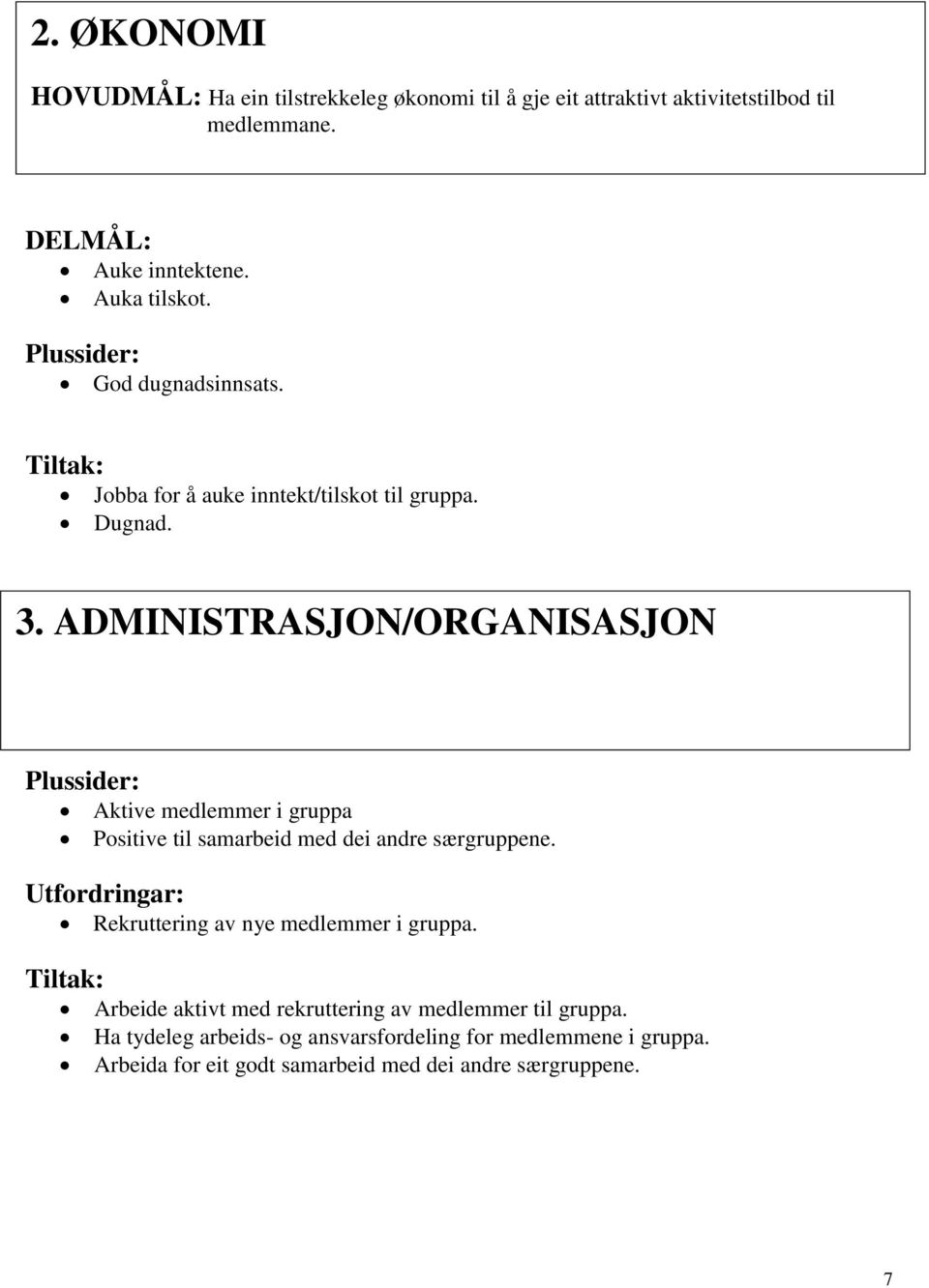 ADMINISTRASJON/ORGANISASJON Aktive medlemmer i gruppa Positive til samarbeid med dei andre særgruppene.