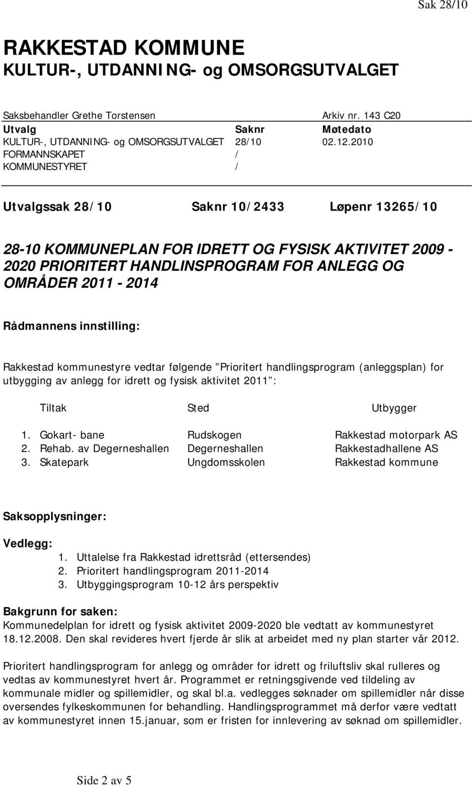 2011-2014 Rådmannens innstilling: Rakkestad kommunestyre vedtar følgende Prioritert handlingsprogram (anleggsplan) for utbygging av anlegg for idrett og fysisk aktivitet 2011 : Tiltak Sted Utbygger 1.