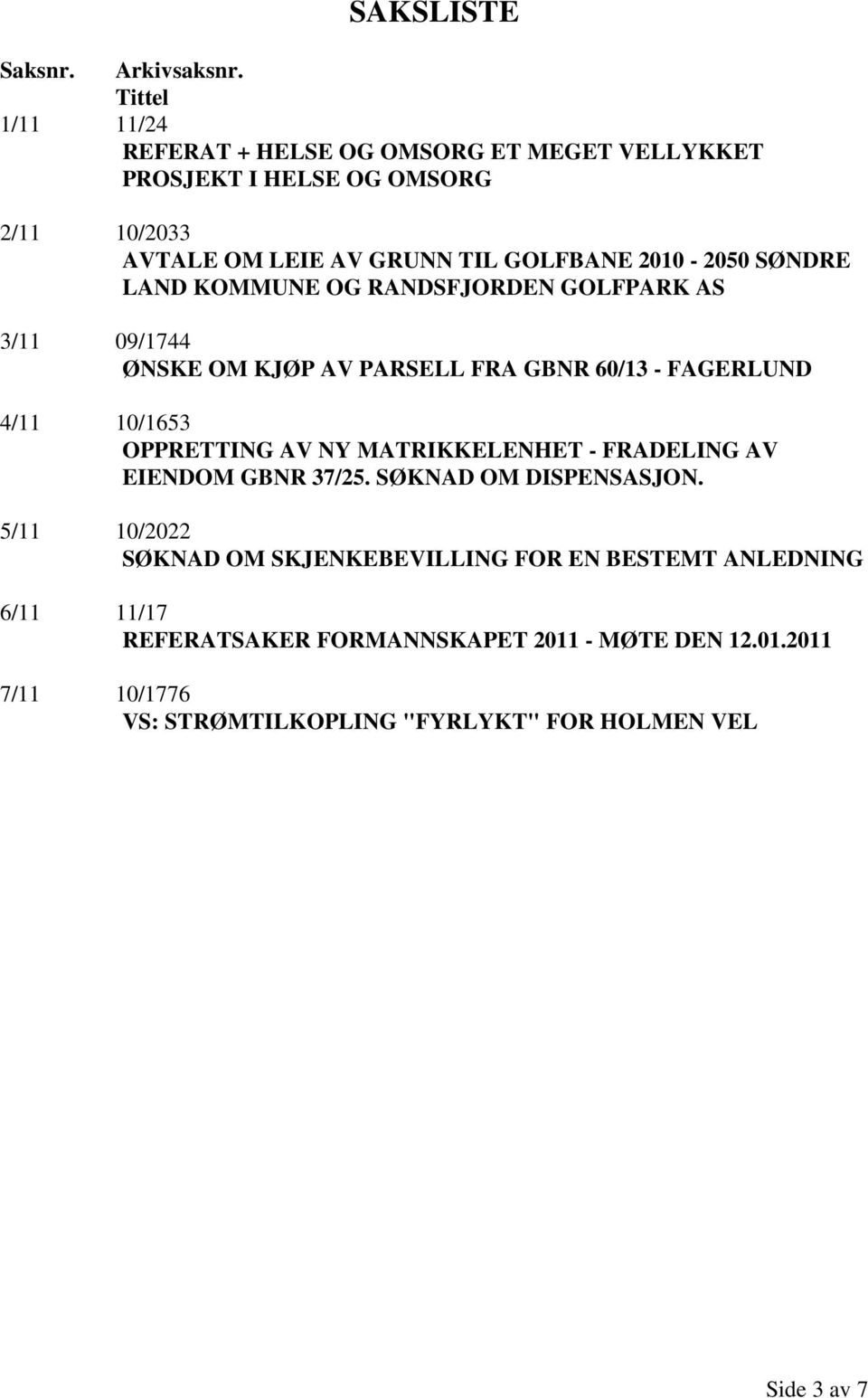 SØNDRE LAND KOMMUNE OG RANDSFJORDEN GOLFPARK AS 3/11 09/1744 ØNSKE OM KJØP AV PARSELL FRA GBNR 60/13 - FAGERLUND 4/11 10/1653 OPPRETTING AV NY