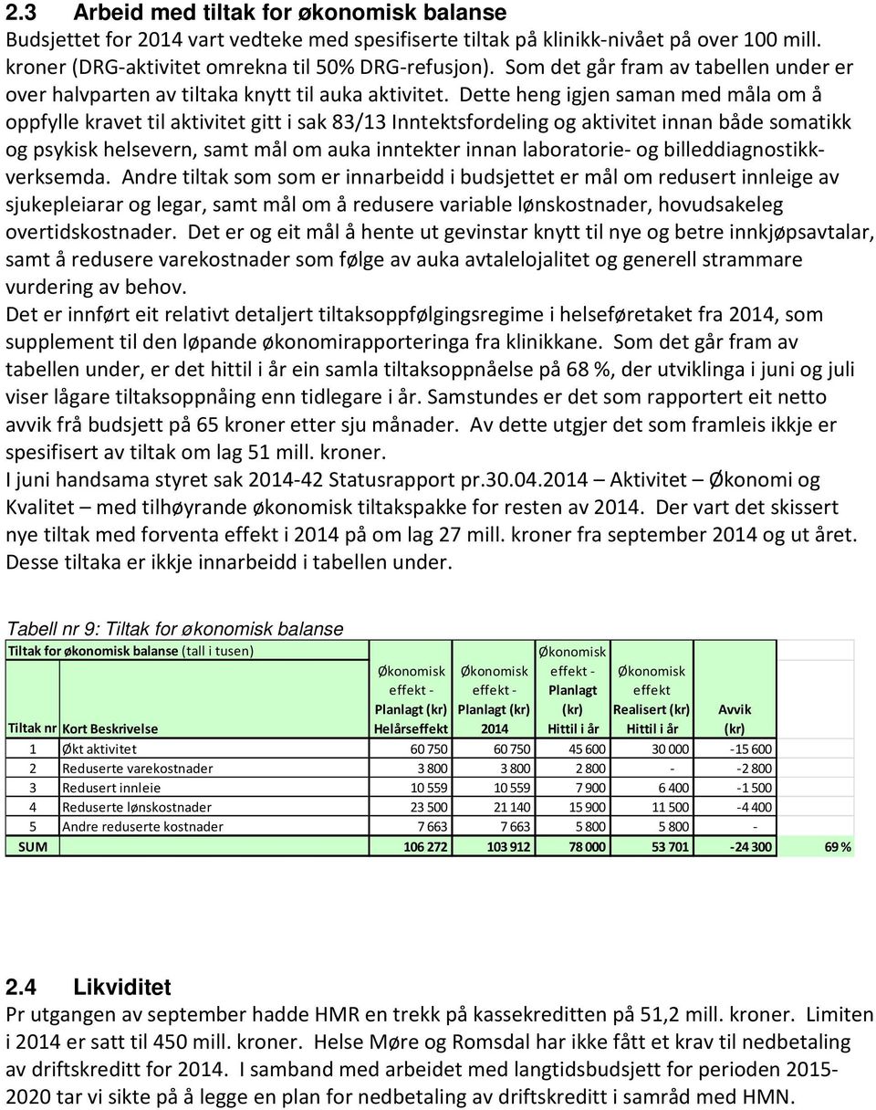 Dette heng igjen saman med måla om å oppfylle kravet til aktivitet gitt i sak 83/13 Inntektsfordeling og aktivitet innan både somatikk og psykisk helsevern, samt mål om auka inntekter innan