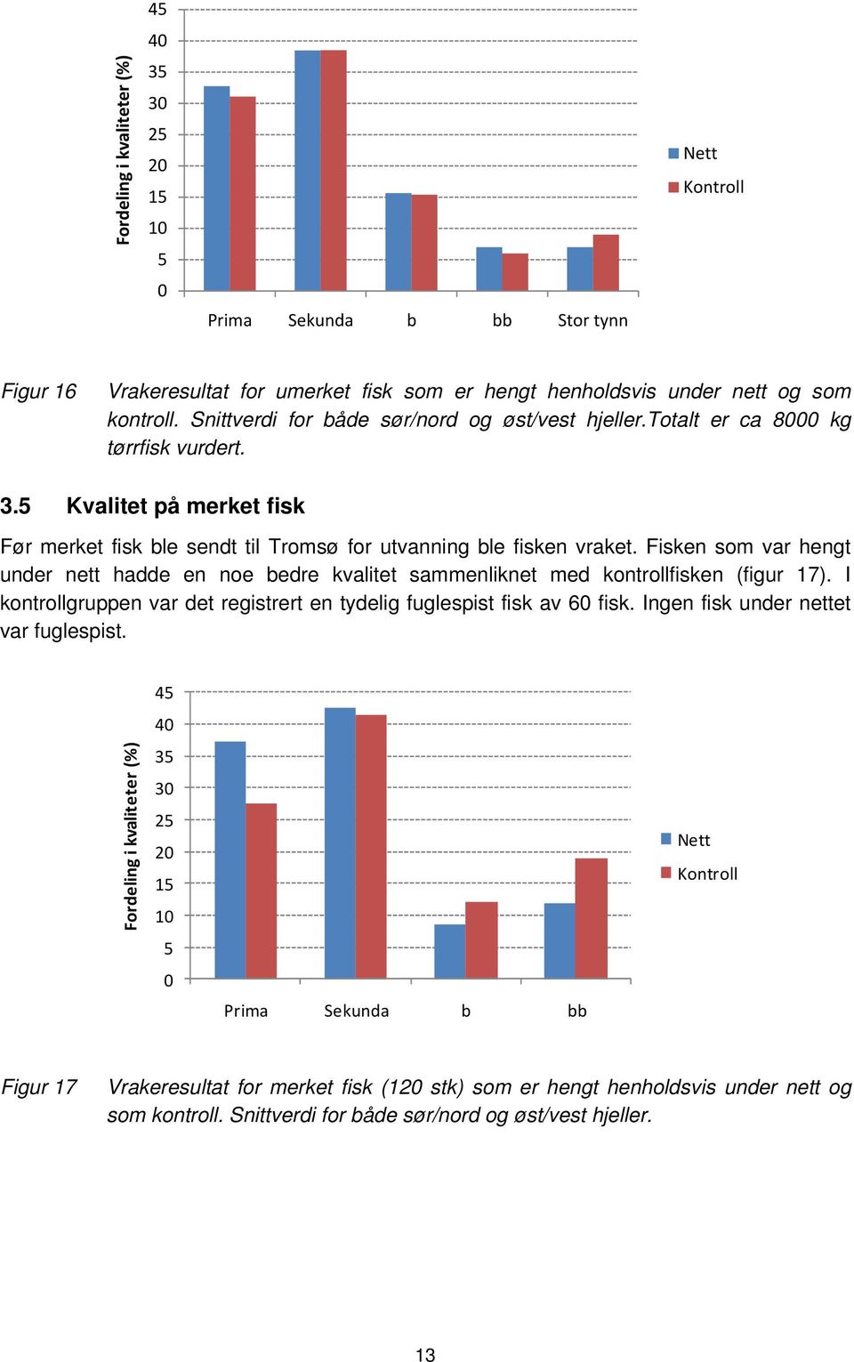 Fisken som var hengt under nett hadde en noe bedre kvalitet sammenliknet med kontrollfisken (figur 17). I kontrollgruppen var det registrert en tydelig fuglespist fisk av 60 fisk.