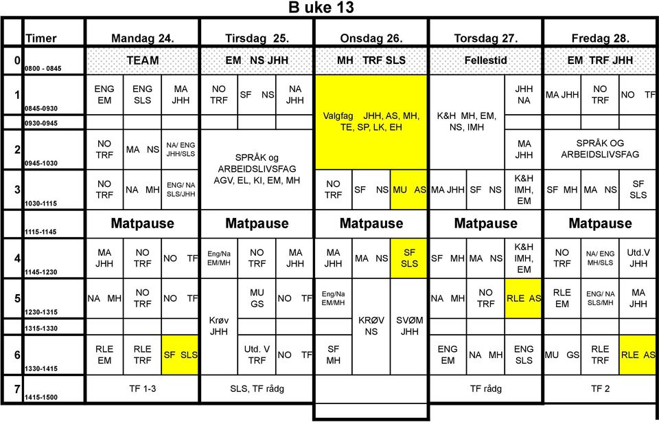 1030-1115 NA/ / / NA / SPRÅK og ARBEIDSLIVAG AGV, EL, KI,, MU AS K&H I, SPRÅK OG ARBEIDSLIVAG 1115-1145 4