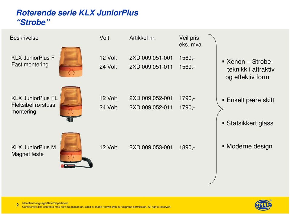 form KLX JuniorPlus FL Fleksibel rørstuss montering 12 Volt 24 Volt 2XD 009 052-001 2XD 009 052-011 1790,- 1790,- Enkelt pære skift