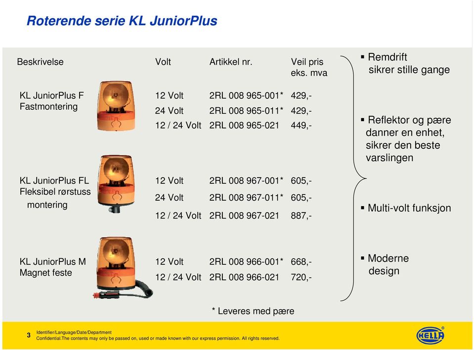 danner en enhet, sikrer den beste varslingen KL JuniorPlus FL Fleksibel rørstuss montering 12 Volt 24 Volt 12 / 24 Volt 2RL 008 967-001* 2RL 008 967-011* 2RL 008 967-021 605,-