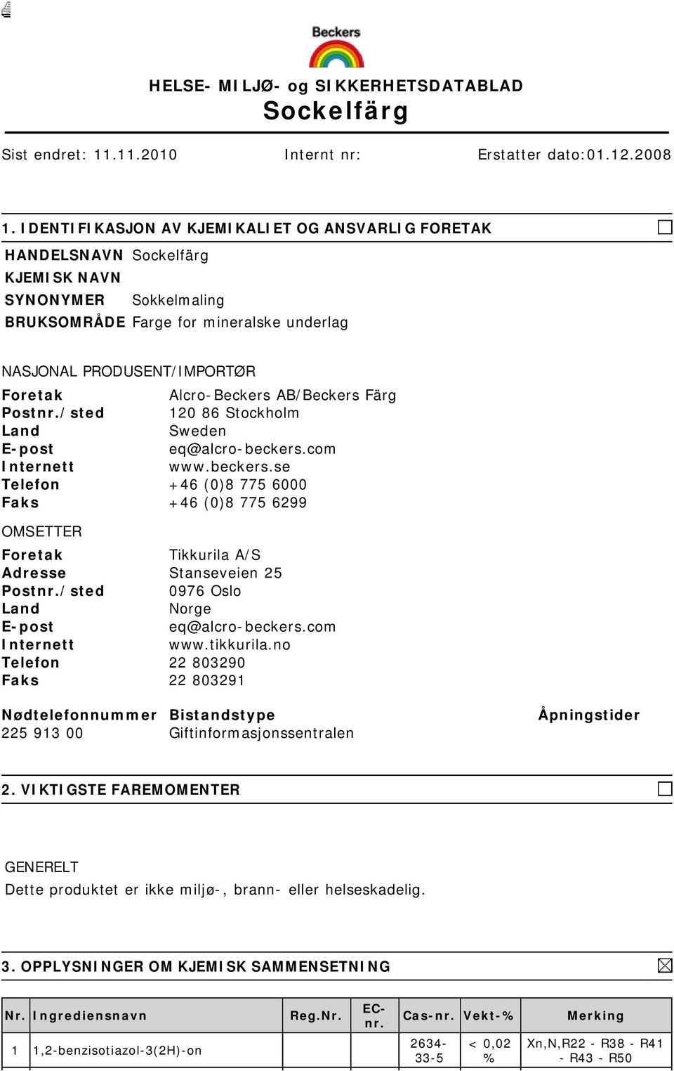 Alcro-Beckers AB/Beckers Färg Postnr./sted 120 86 Stockholm Land Sweden E-post eq@alcro-beckers.