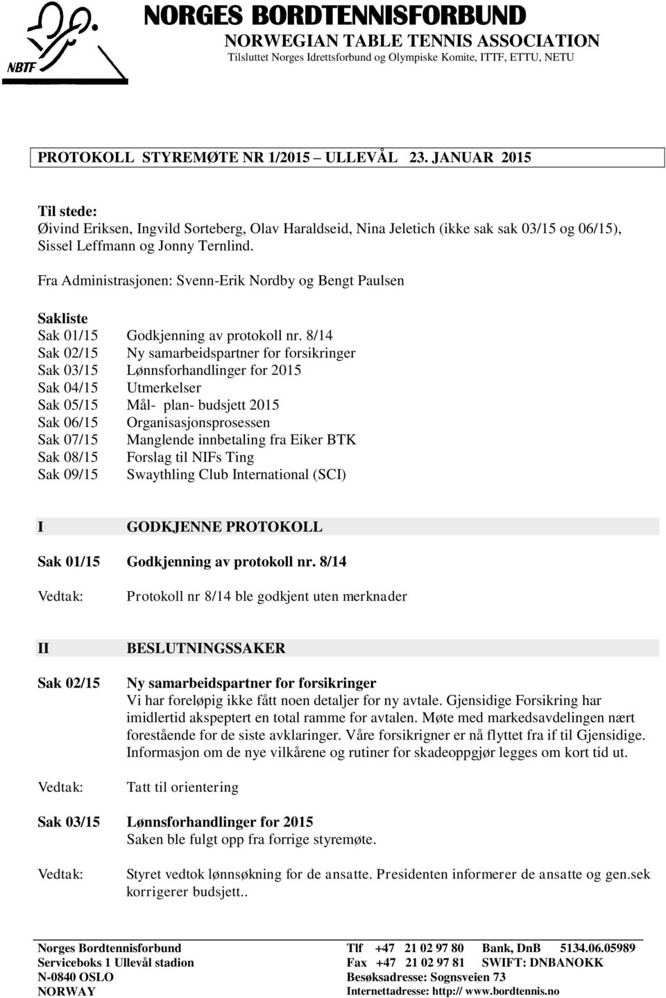 Fra Administrasjonen: Svenn-Erik Nordby og Bengt Paulsen Sakliste Sak 01/15 Godkjenning av protokoll nr.