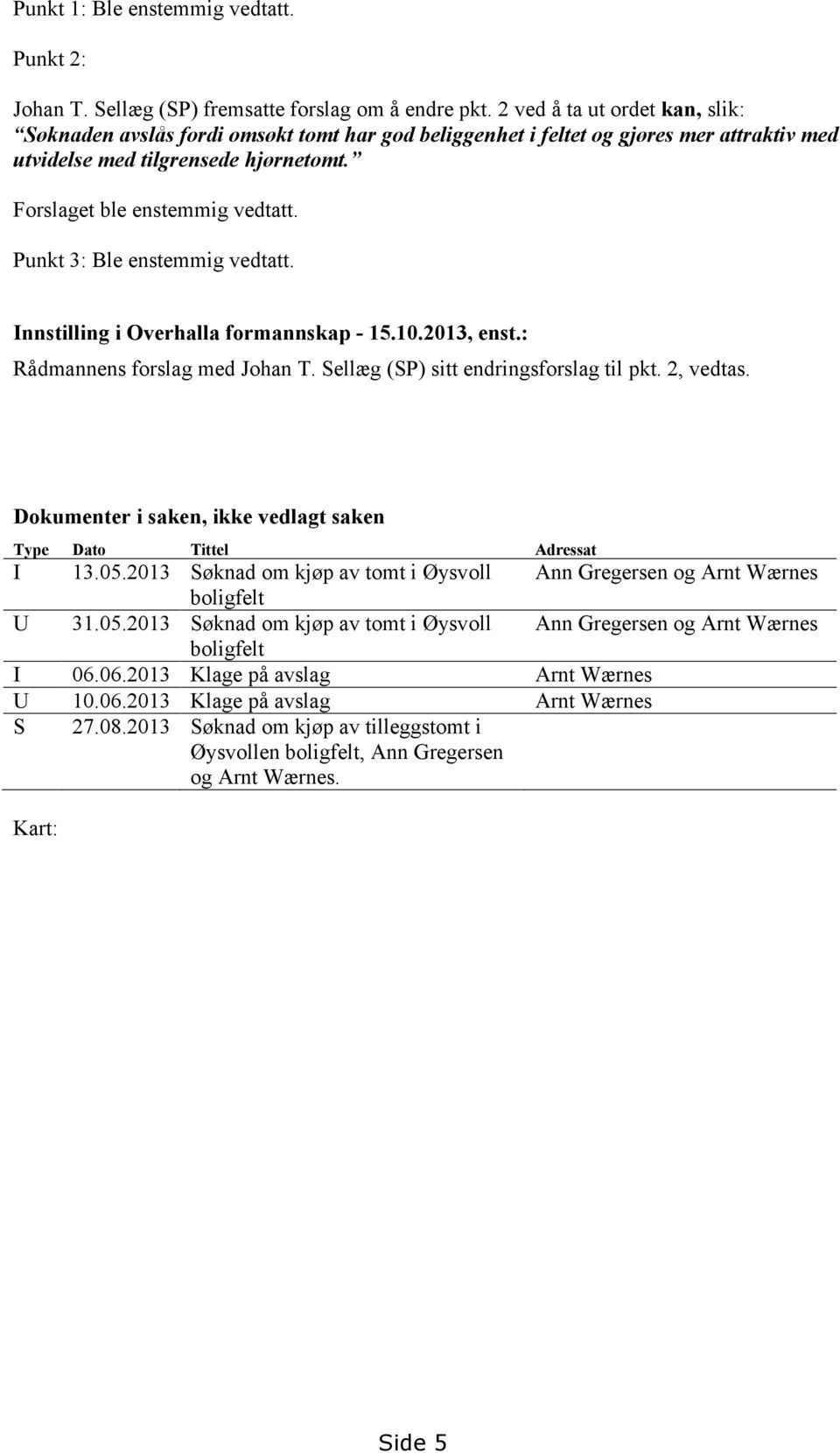 Punkt 3: Ble enstemmig vedtatt. Innstilling i Overhalla formannskap - 15.10.2013, enst.: Rådmannens forslag med Johan T. Sellæg (SP) sitt endringsforslag til pkt. 2, vedtas.