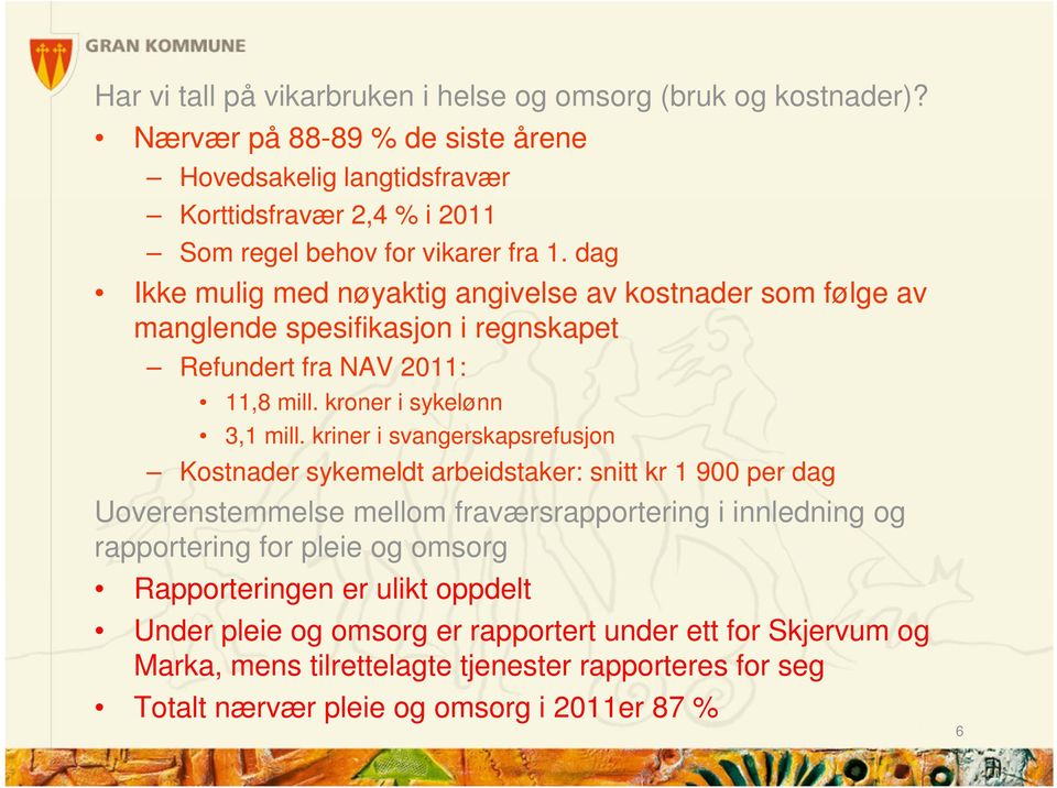 dag Ikke mulig med nøyaktig angivelse av kostnader som følge av manglende spesifikasjon i regnskapet Refundert fra NAV 2011: 11,8 mill. kroner i sykelønn 3,1 mill.