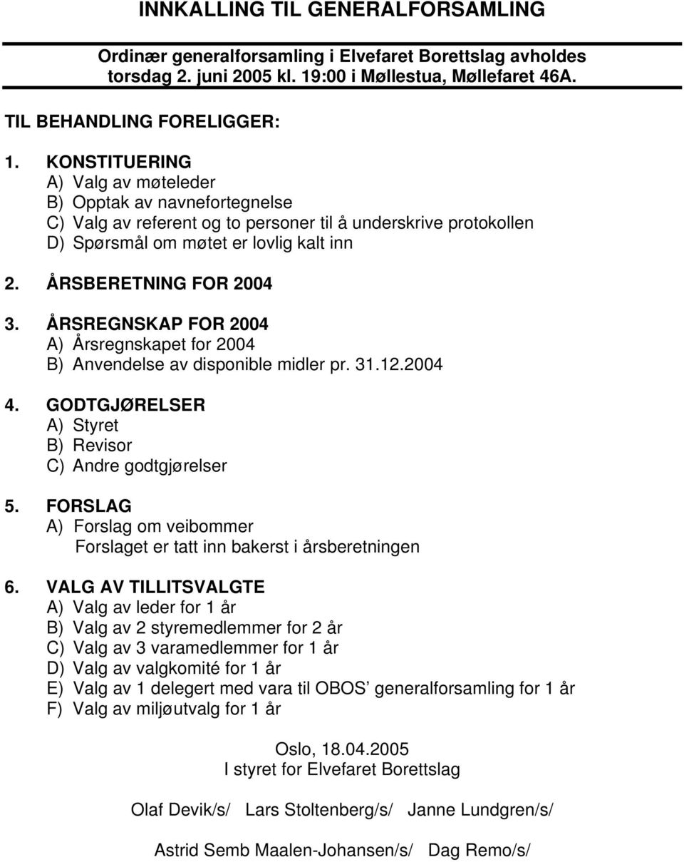 ÅRSREGNSKAP FOR 2004 A) Årsregnskapet for 2004 B) Anvendelse av disponible midler pr. 31.12.2004 4. GODTGJØRELSER A) Styret B) Revisor C) Andre godtgjørelser 5.