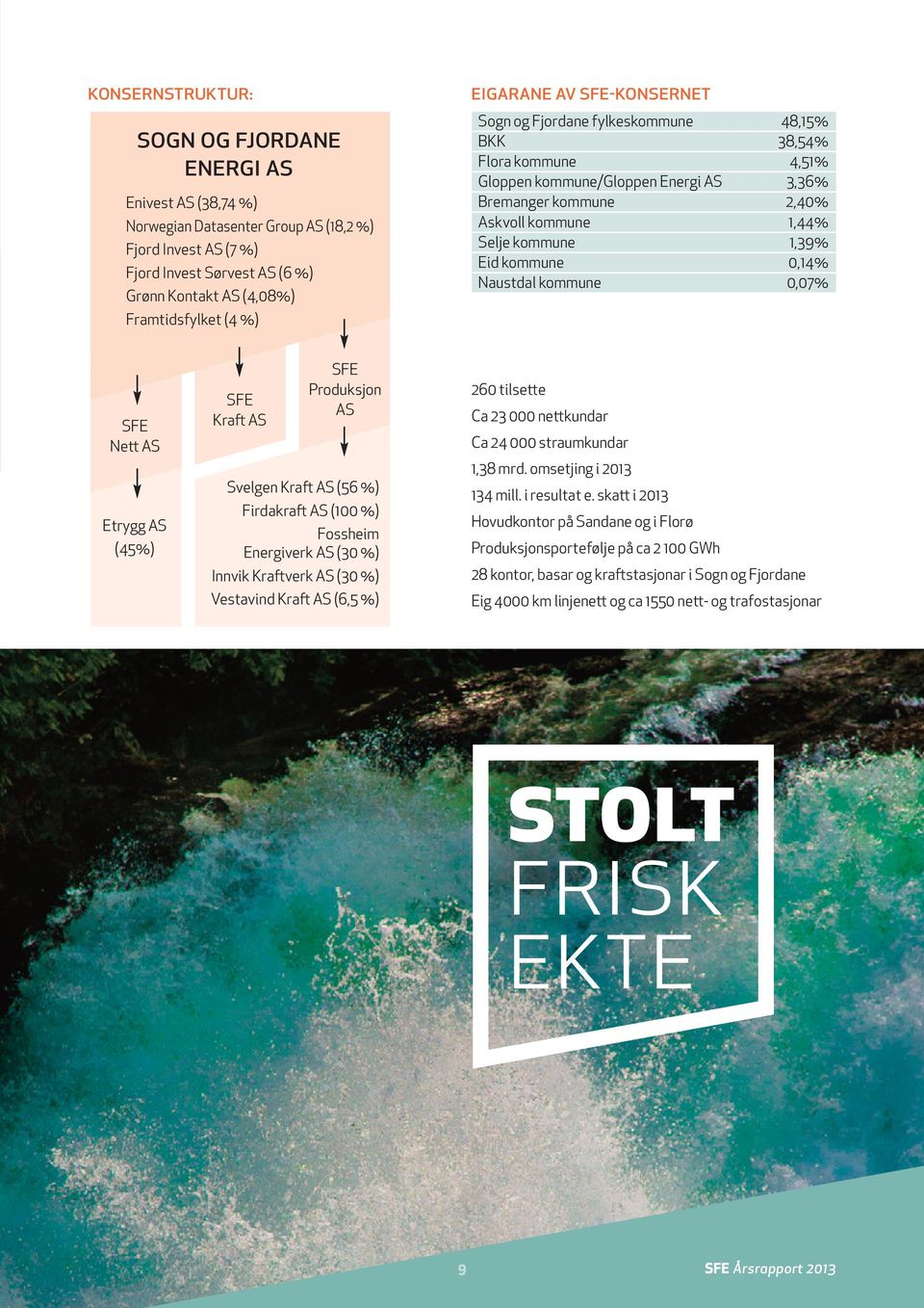 1,39% Eid kommune 0,14% Naustdal kommune 0,07% SFE Nett AS Etrygg AS (45%) SFE Kraft AS SFE Produksjon AS Svelgen Kraft AS (56 %) Firdakraft AS (100 %) Fossheim Energiverk AS (30 %) Innvik Kraftverk