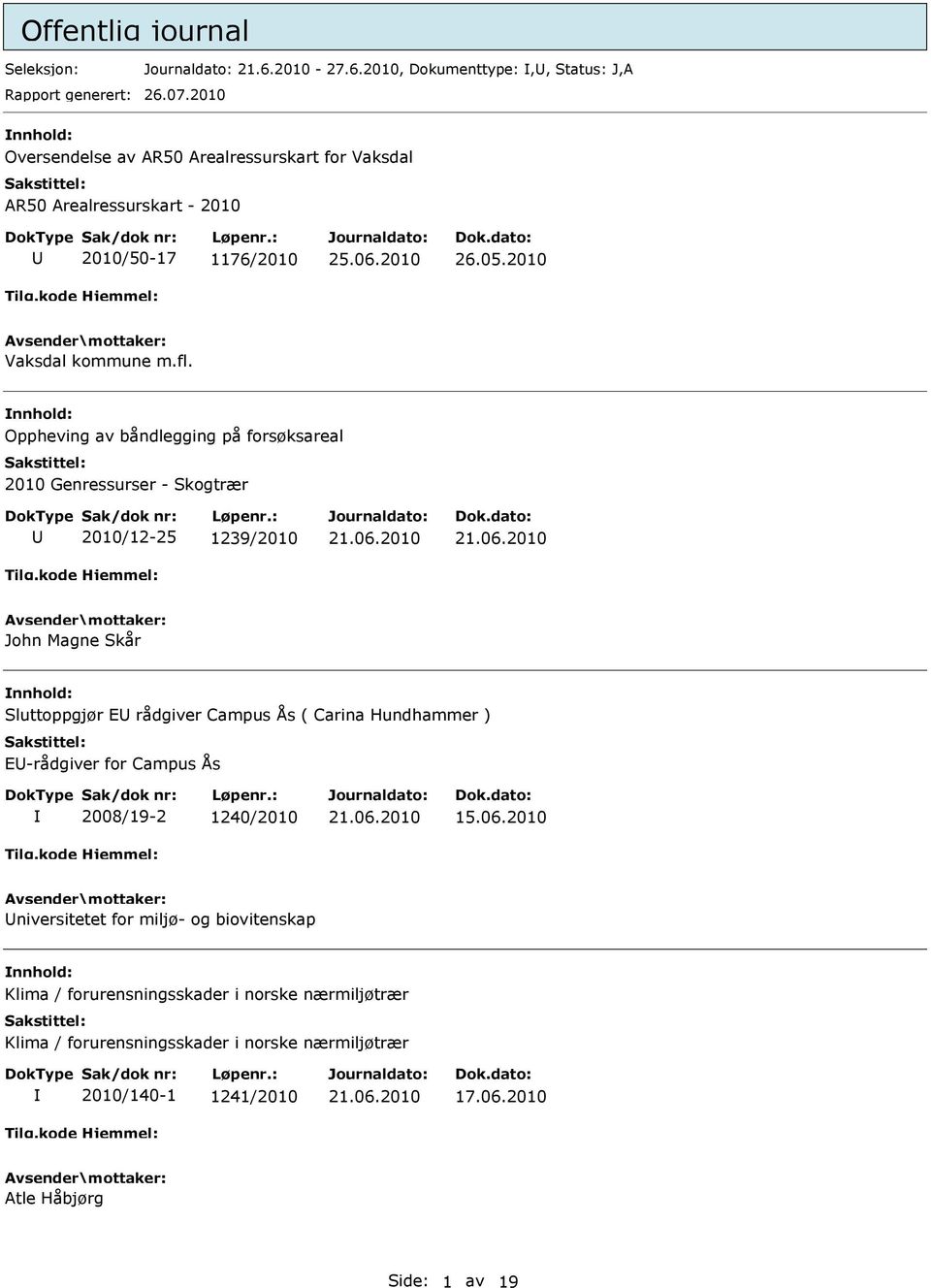 Oppheving av båndlegging på forsøksareal 2010 Genressurser - Skogtrær 2010/12-25 1239/2010 21.06.