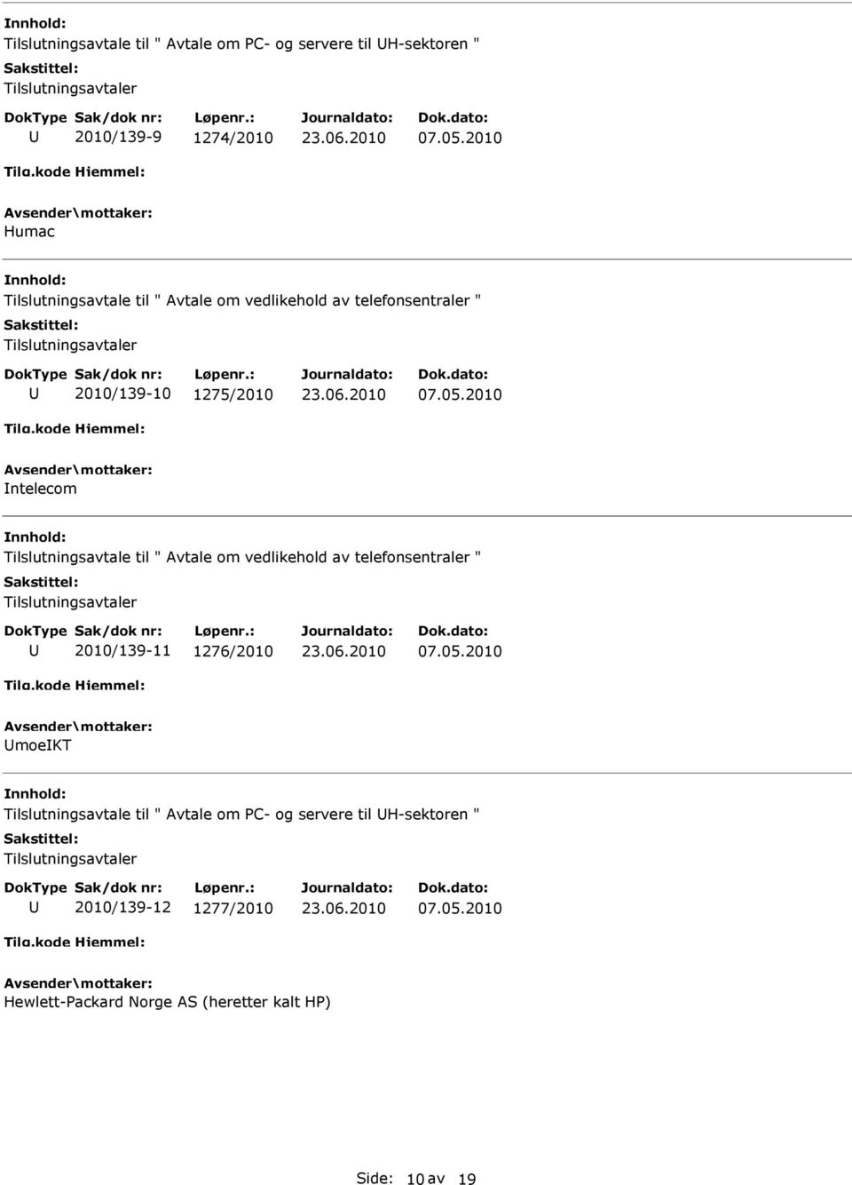 Tilslutningsavtale til " Avtale om vedlikehold av telefonsentraler " 2010/139-11 1276/2010 moekt