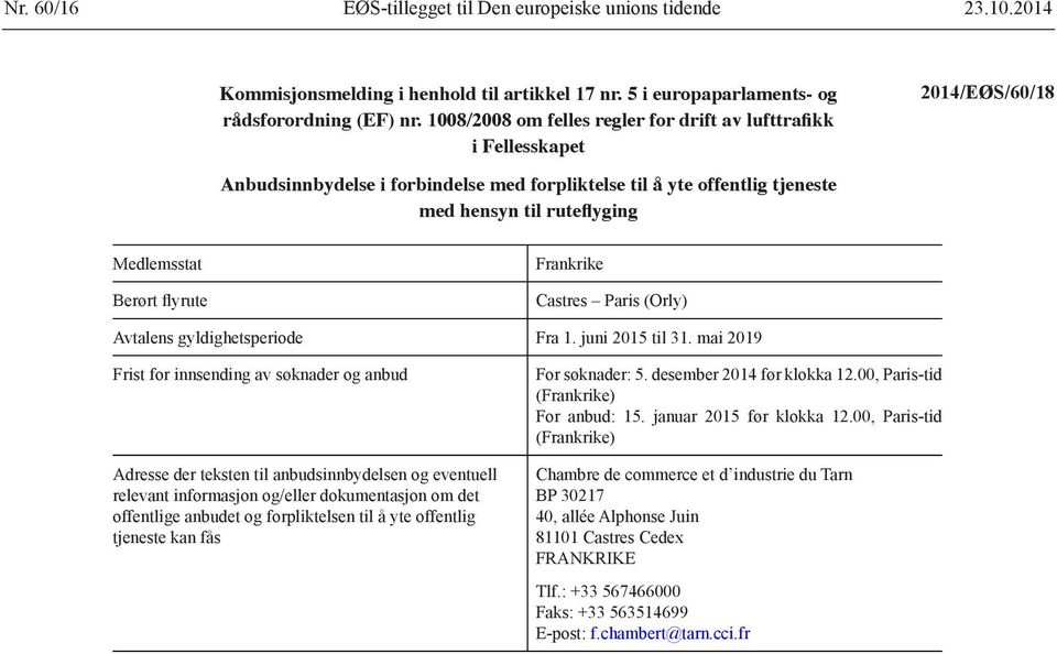 Berørt flyrute Frankrike Castres Paris (Orly) Avtalens gyldighetsperiode Fra 1. juni 2015 til 31.