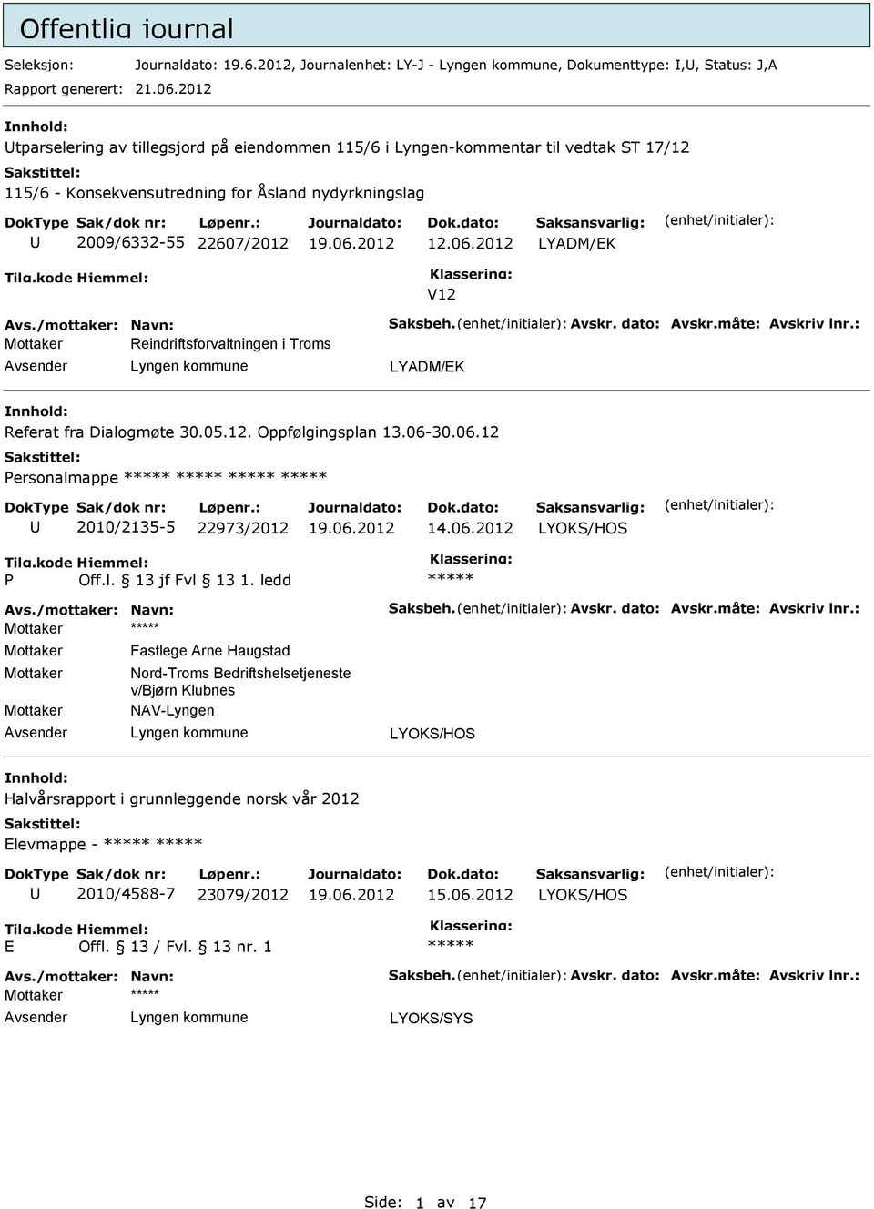 2012 LYADM/K V12 Mottaker Reindriftsforvaltningen i Troms LYADM/K Referat fra Dialogmøte 30.05.12. Oppfølgingsplan 13.06-