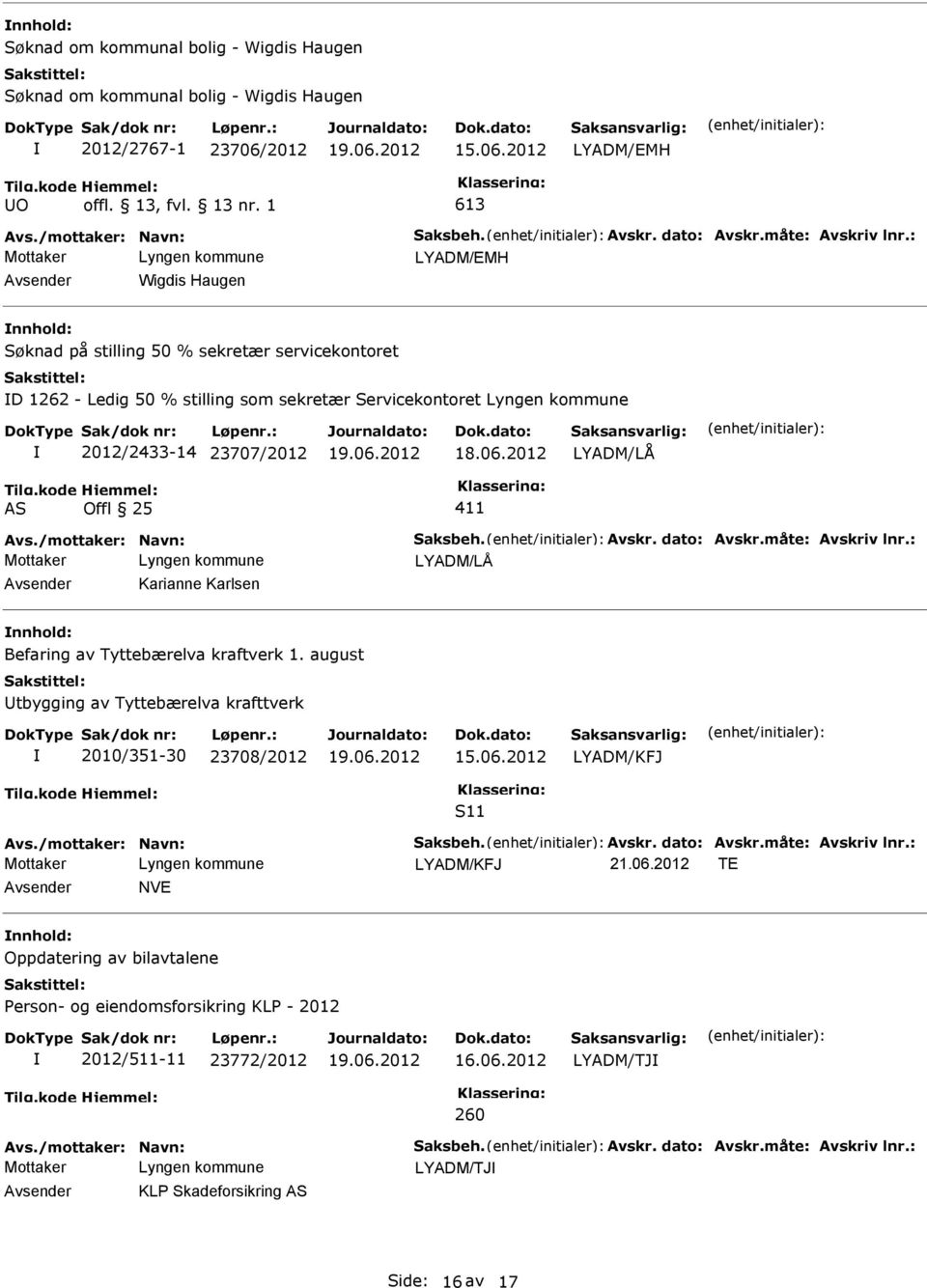 Offl 25 411 Karianne Karlsen Befaring av Tyttebærelva kraftverk 1. august tbygging av Tyttebærelva krafttverk 2010/351-30 23708/2012 15.06.