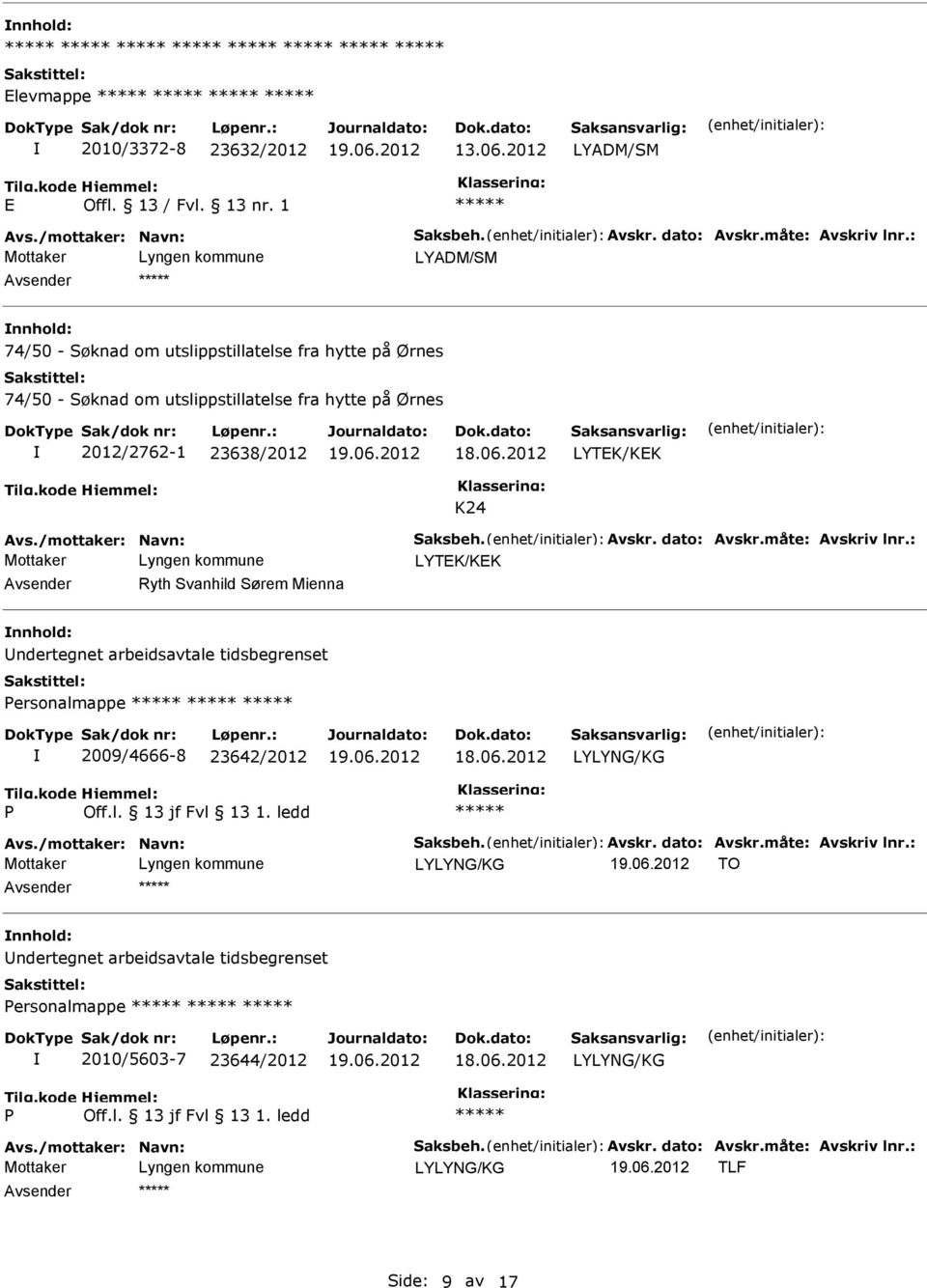 på Ørnes 2012/2762-1 23638/2012 LYTK/KK K24 LYTK/KK Ryth Svanhild Sørem Mienna ndertegnet arbeidsavtale