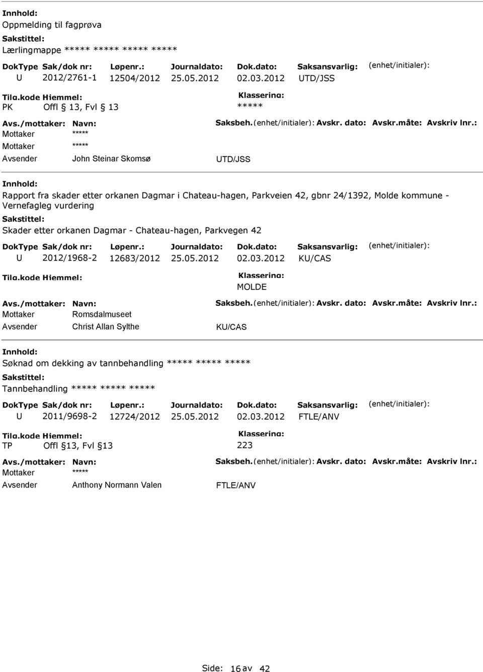 - Chateau-hagen, Parkvegen 42 2012/1968-2 12683/2012 02.03.2012 K/CAS MOLDE Avs./mottaker: Navn: Saksbeh. Avskr. dato: Avskr.måte: Avskriv lnr.