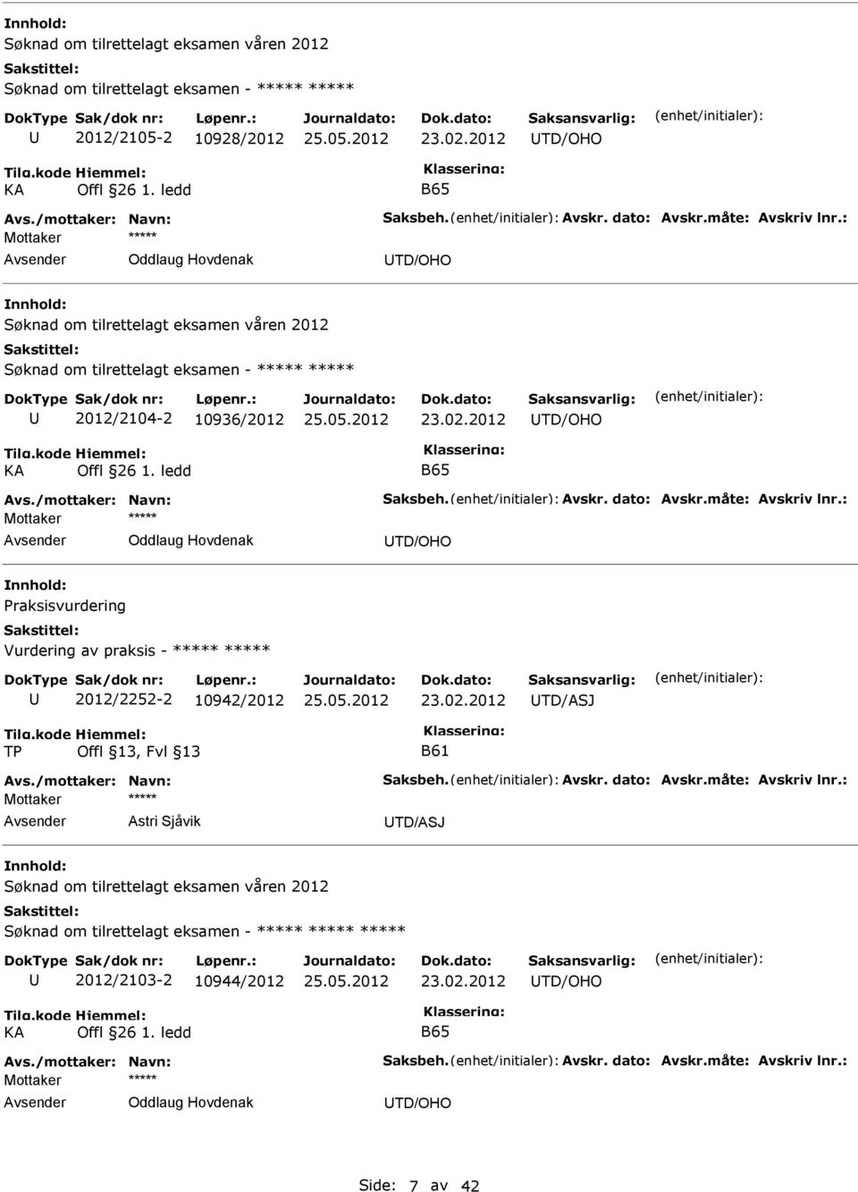 /mottaker: Navn: Saksbeh. Avskr. dato: Avskr.måte: Avskriv lnr.: Oddlaug Hovdenak TD/OHO Praksisvurdering Vurdering av praksis - 2012/2252-2 10942/2012 23.02.2012 TD/ASJ B61 Avs.