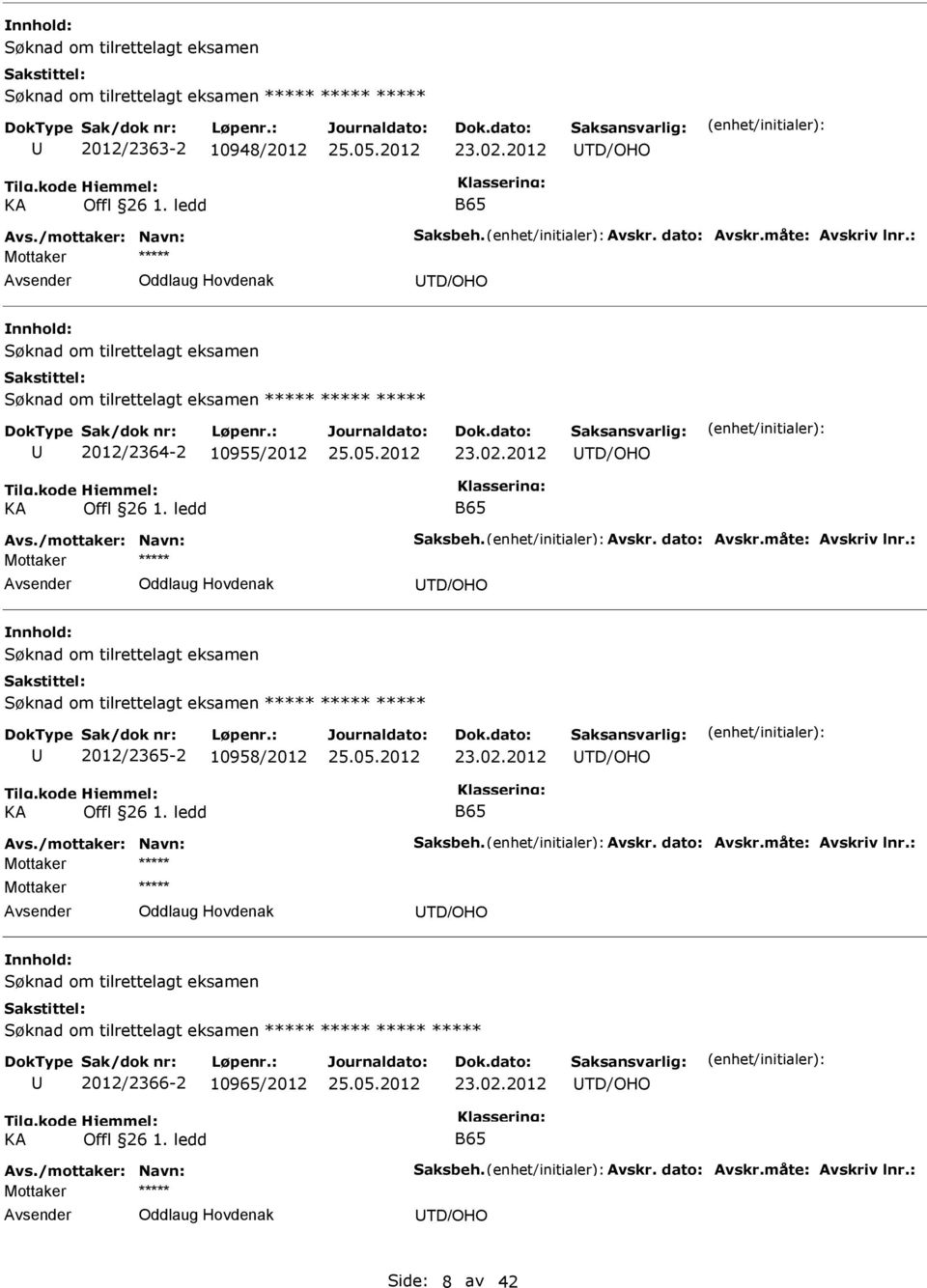 dato: Avskr.måte: Avskriv lnr.: Oddlaug Hovdenak TD/OHO Søknad om tilrettelagt eksamen Søknad om tilrettelagt eksamen 2012/2365-2 10958/2012 23.02.2012 TD/OHO KA Offl 26 1. ledd B65 Avs.