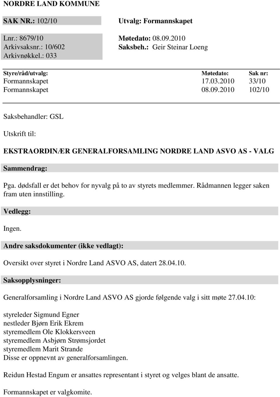 2010 102/10 Saksbehandler: GSL Utskrift til: EKSTRAORDINÆR GENERALFORSAMLING NORDRE LAND ASVO AS - VALG Sammendrag: Pga. dødsfall er det behov for nyvalg på to av styrets medlemmer.