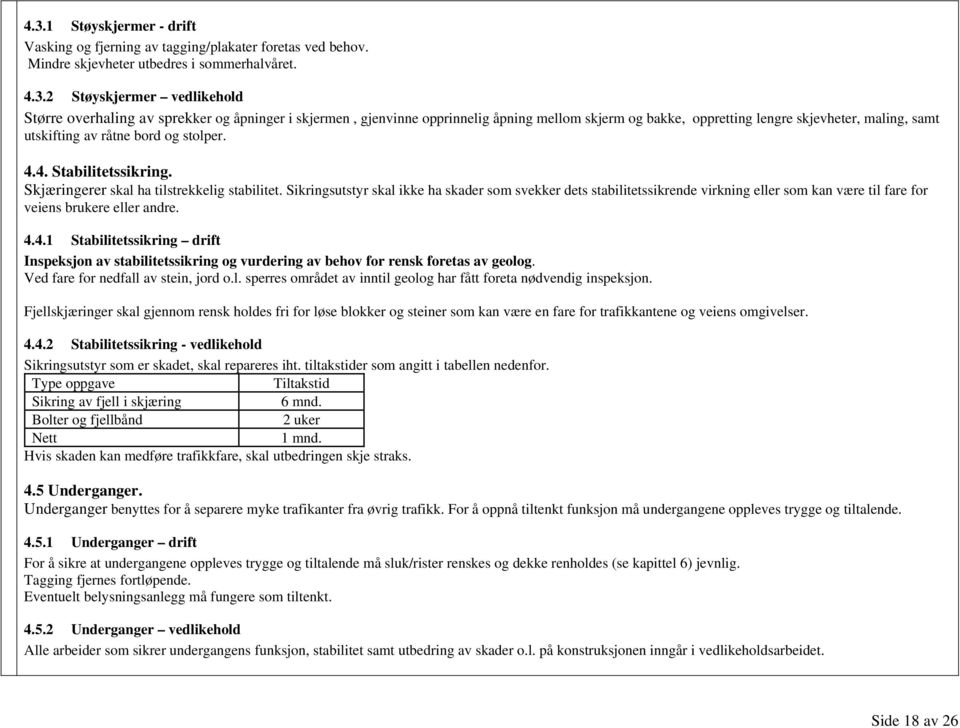 Skjæringerer skal ha tilstrekkelig stabilitet. Sikringsutstyr skal ikke ha skader som svekker dets stabilitetssikrende virkning eller som kan være til fare for veiens brukere eller andre. 4.