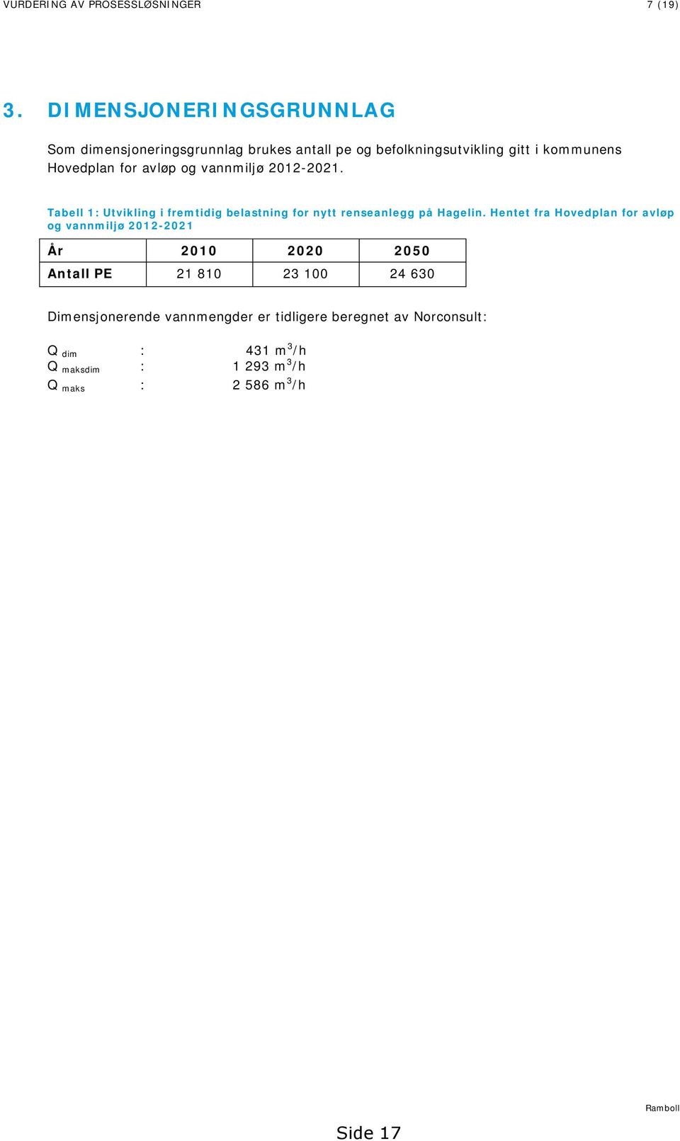 og vannmiljø 2012-2021. Tabell 1: Utvikling i fremtidig belastning for nytt renseanlegg på Hagelin.