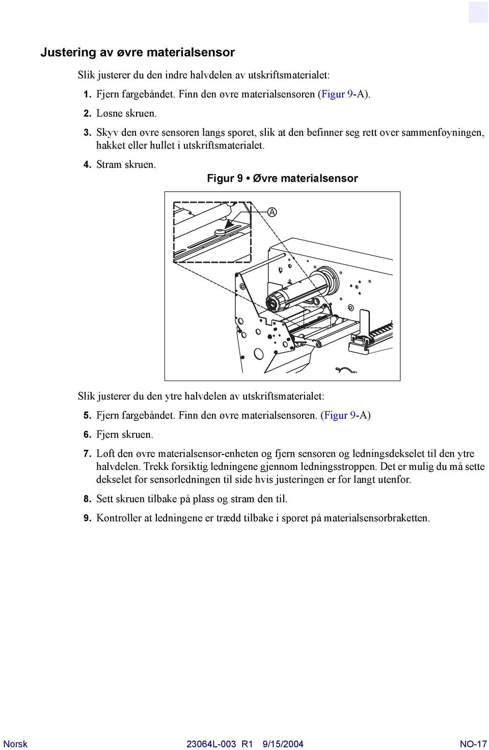 Figur 9 Øvre materialsensor Slik justerer du den ytre halvdelen av utskriftsmaterialet: 5. Fjern fargebåndet. Finn den øvre materialsensoren. (Figur 9-A) 6. Fjern skruen. 7.