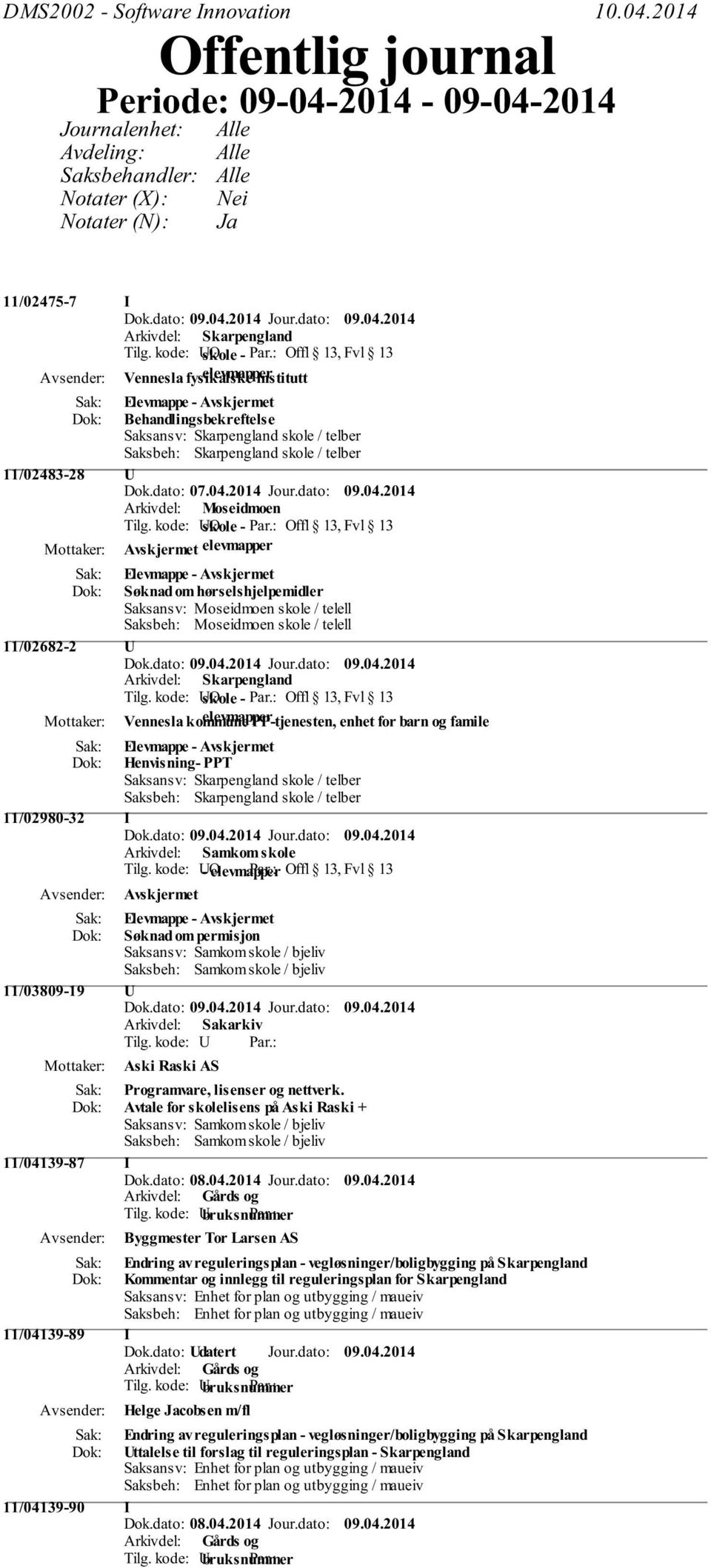 kode: O skole - Offl 13, Fvl 13 Vennesla fysikalske elevmapper institutt Elevmappe - Behandlingsbekreftelse Saksansv: Skarpengland skole / telber Saksbeh: Skarpengland skole / telber 11/02483-28 Dok.