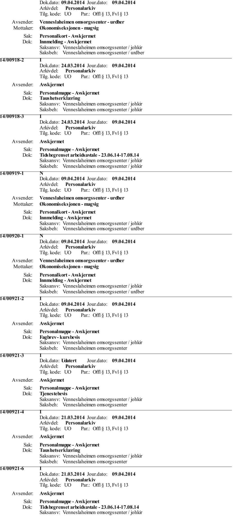 14 14/00919-1 N Venneslaheimen omsorgssenter - urdber Økonomiseksjonen - magvig Personalkort - Innmelding - Saksbeh: Venneslaheimen omsorgssenter / urdber 14/00920-1 N Venneslaheimen omsorgssenter -