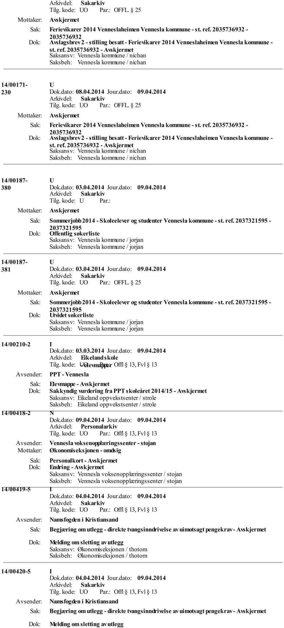 kode: Sommerjobb 2014 - Skoleelever og studenter Vennesla kommune - st. ref. 2037321595-2037321595 Offentlig søkerliste Saksansv: Vennesla kommune / jorjan Saksbeh: Vennesla kommune / jorjan Dok.