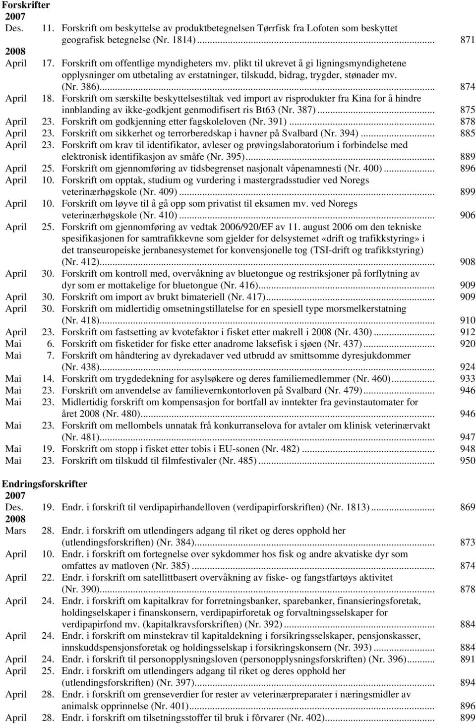 Forskrift om særskilte beskyttelsestiltak ved import av risprodukter fra Kina for å hindre innblanding av ikke-godkjent genmodifisert ris Bt63 (Nr. 387)... 875 April 23.