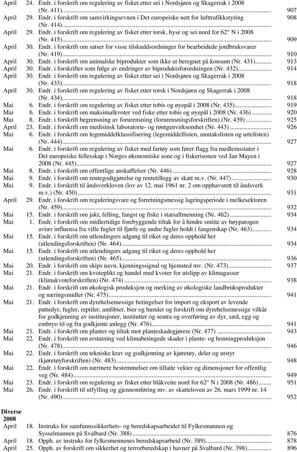 419)... 910 April 30. Endr. i forskrift om animalske biprodukter som ikke er beregnet på konsum (Nr. 431)... 913 April 30. Endr. i forskrifter som følge av endringer av biproduktsforordningen (Nr.