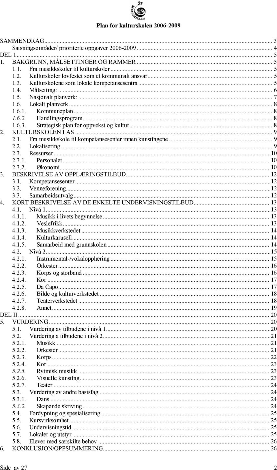 .. 8 2. KULTURSKOLEN I ÅS... 9 2.1. Fra musikkskole til kompetansesenter innen kunstfagene... 9 2.2. Lokalisering... 9 2.3. Ressurser...10 2.3.1. Personalet... 10 2.3.2. Økonomi... 10 3.