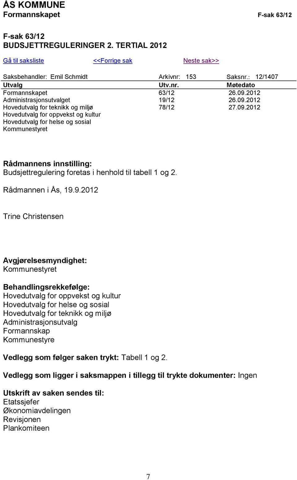 09.2012 Rådmannens innstilling: Budsjettregulering foretas i henhold til tabell 1 og 2. Rådmannen i Ås, 19.9.2012 Trine Christensen Avgjørelsesmyndighet: Kommunestyret Behandlingsrekkefølge: