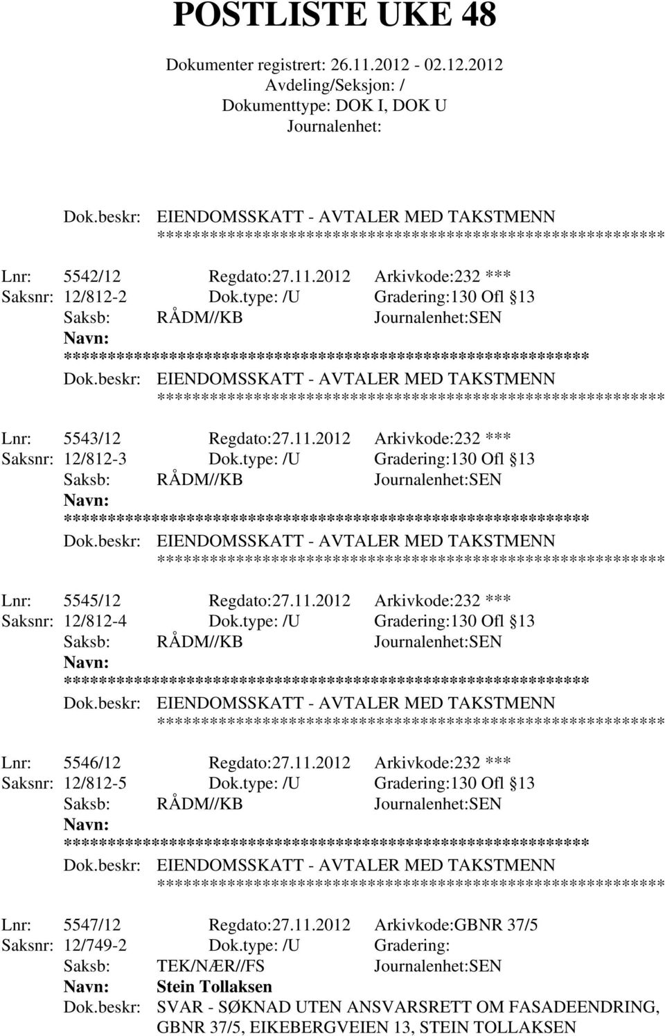 beskr: EIENDOMSSKATT - AVTALER MED TAKSTMENN Lnr: 5545/12 Regdato:27.11.2012 Arkivkode:232 *** Saksnr: 12/812-4 Dok.type: /U Gradering:130 Ofl 13 Saksb: RÅDM//KB SEN Dok.