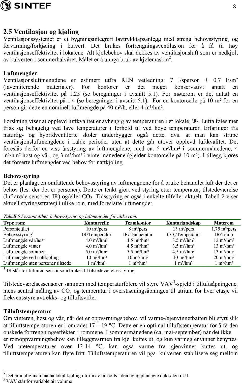 Målet er å unngå bruk av kjølemaskin 2. Luftmengder Ventilasjonsluftmengdene er estimert utfra REN veiledning: 7 l/sperson + 0.7 l/sm² (lavemiterende materialer).