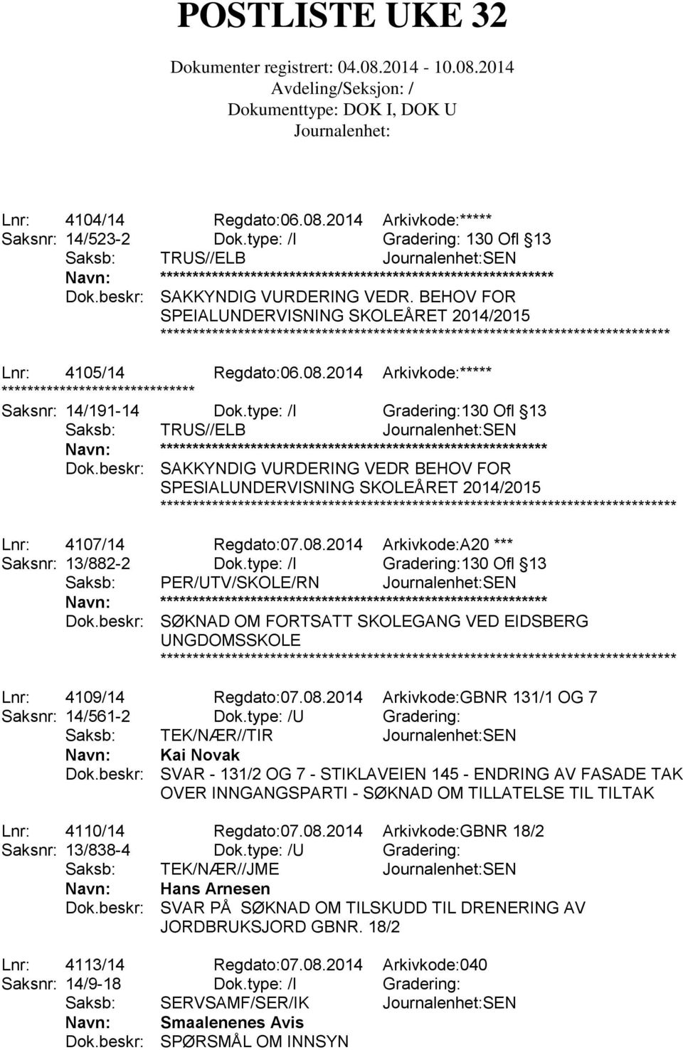 2014 Arkivkode:***** ****************************** Saksnr: 14/191-14 Dok.type: /I Gradering:130 Ofl 13 Saksb: TRUS//ELB SEN Dok.